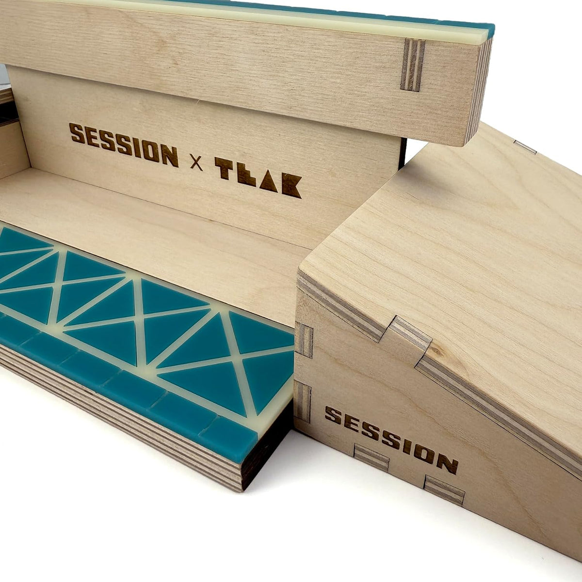 Teak Tuning x Session âThe Junctionâ Modular Wooden Fingerboard Ramp - 20 Inches Long - 2 Plain Kickers + Triple-Sided Rail/Ledge Block â Hand Made in USA - Fingerboard Obstacle