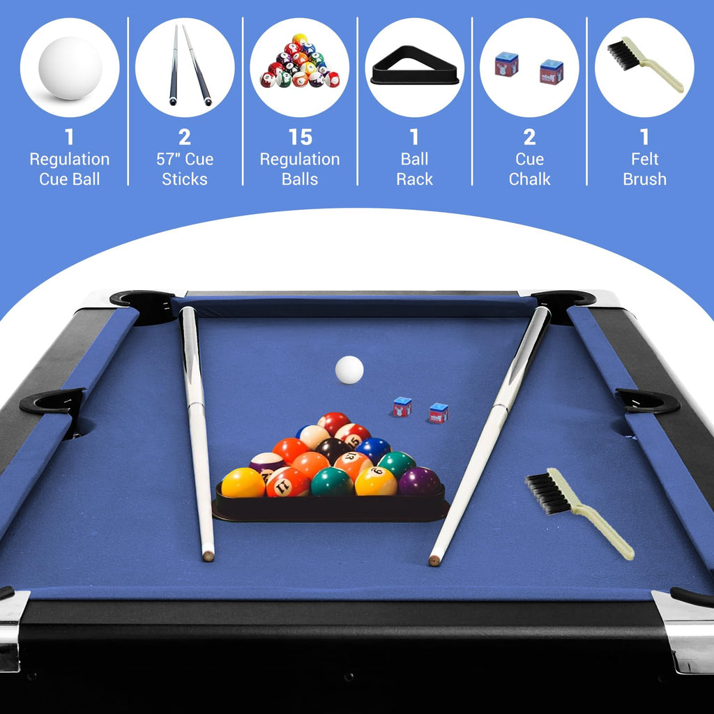 7 Foot Pool Table for Family, Foldable No Assembly Pool Table with Balls, Cues, Chalk, Rack & Brush, Portable Billiards Game Table for Apartment, Basement, Office & Game Room