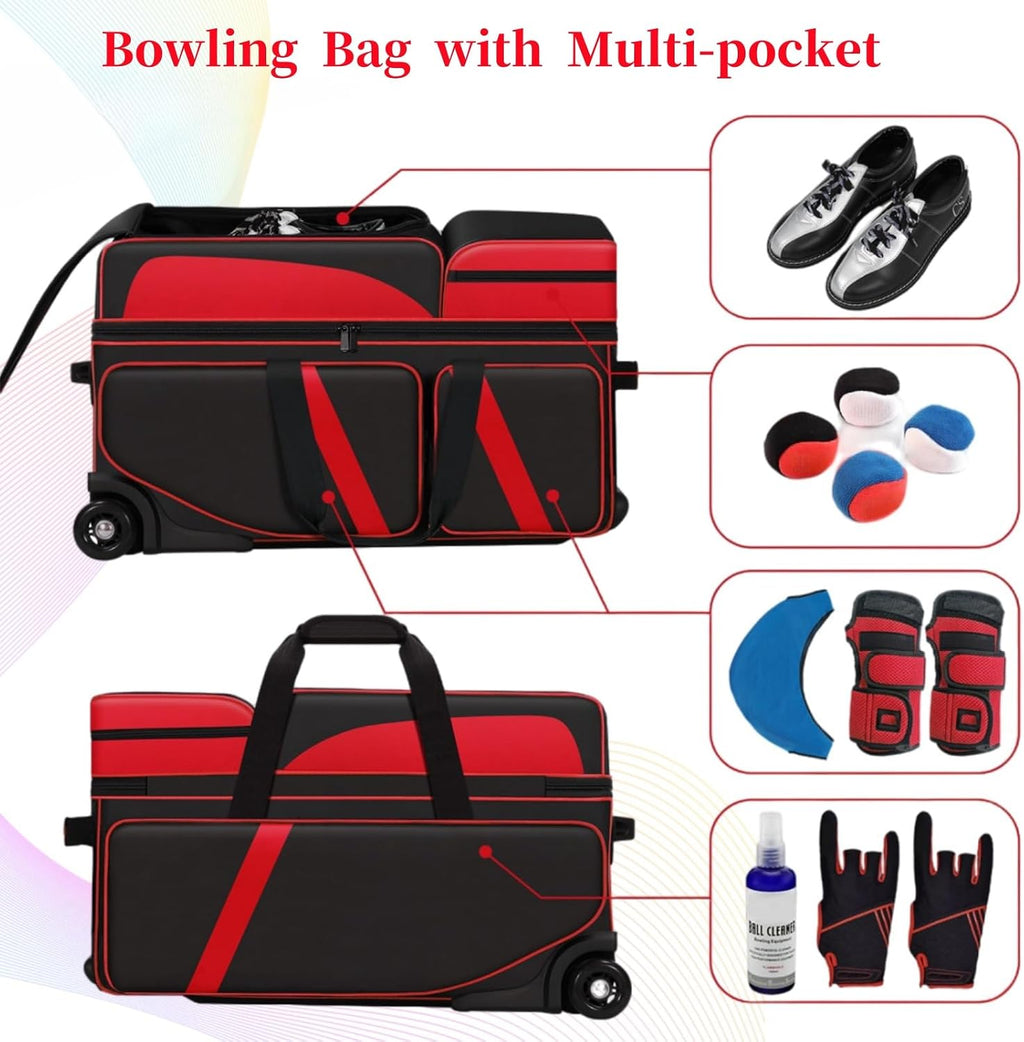 3 Ball Bowling Bags With Wheels,Bowling Bags 3 Ball Roller With Shoes Compartment And Multiple Pockets,3 Ball Bowling Bag has Retractable Handle Extends to 41.5 in