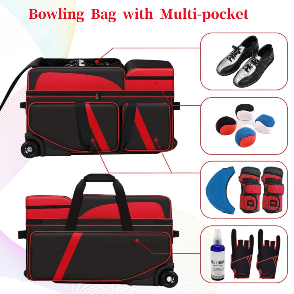 3 Ball Bowling Bags With Wheels,Bowling Bags 3 Ball Roller With Shoes Compartment And Multiple Pockets,3 Ball Bowling Bag has Retractable Handle Extends to 41.5 in