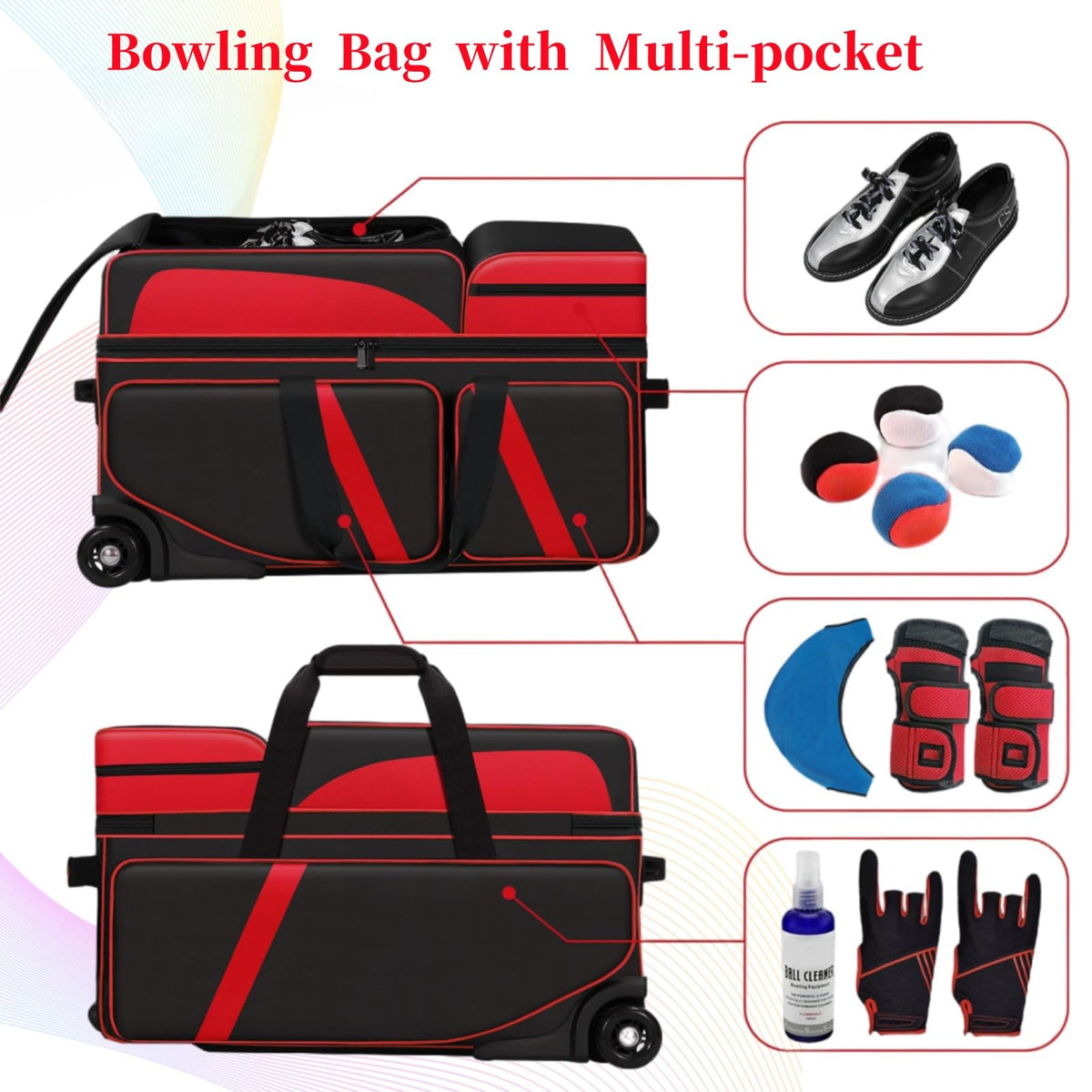 3 Ball Bowling Bags With Wheels,Bowling Bags 3 Ball Roller With Shoes Compartment And Multiple Pockets,3 Ball Bowling Bag has Retractable Handle Extends to 41.5 in