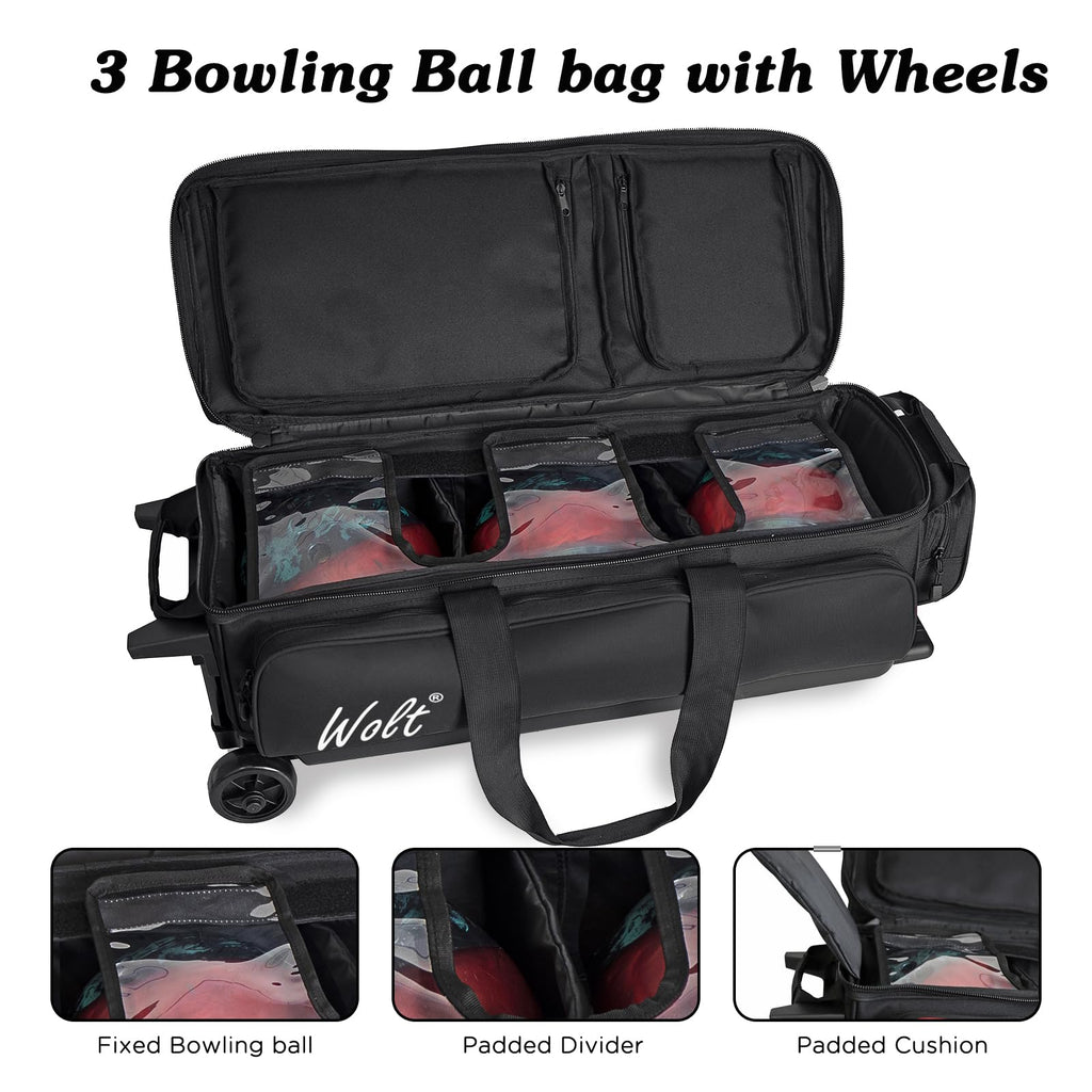 WOLT 3 Ball Bowling Bags with Wheels,Retractable Handle Extends to 38ââ