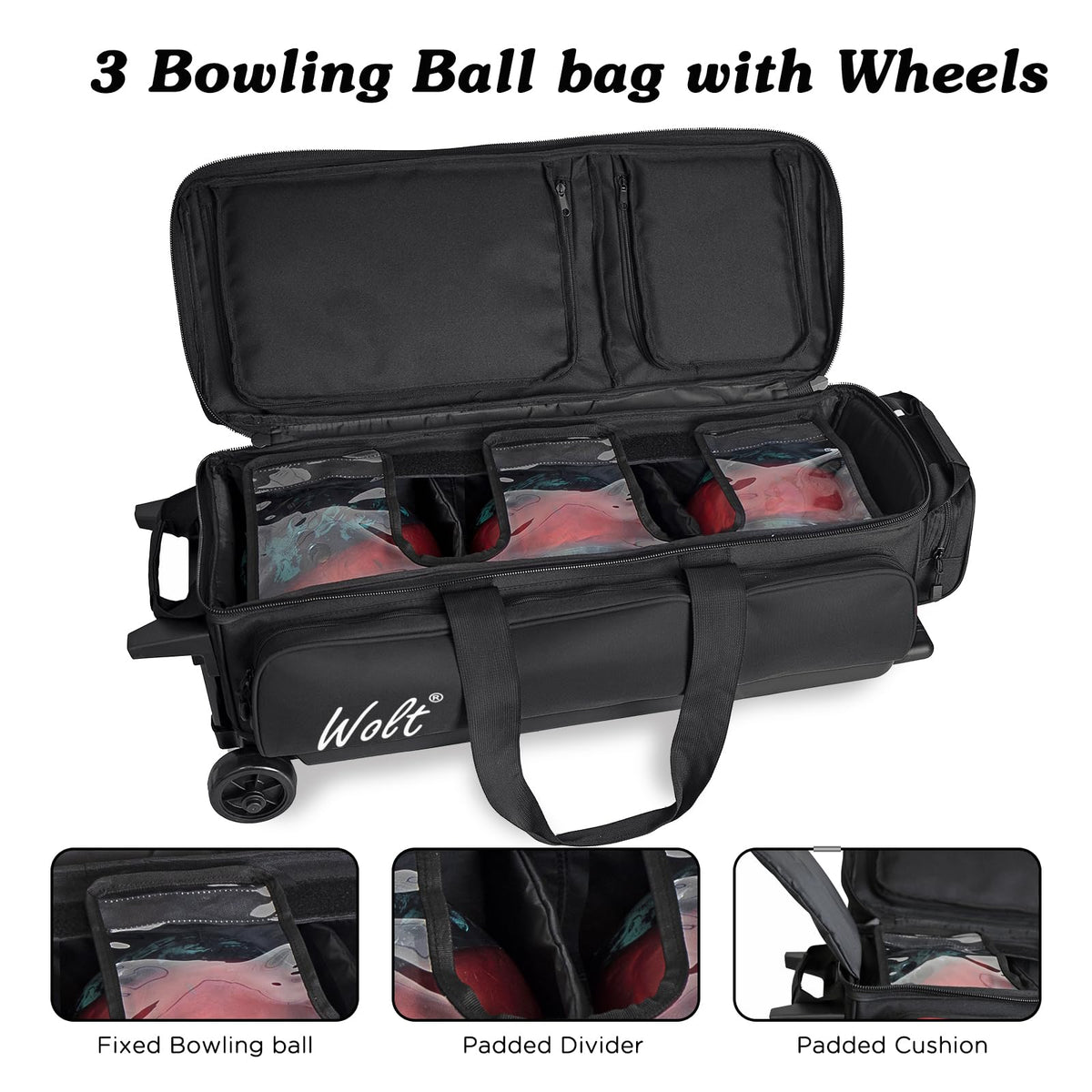WOLT 3 Ball Bowling Bags with Wheels,Retractable Handle Extends to 38ââ