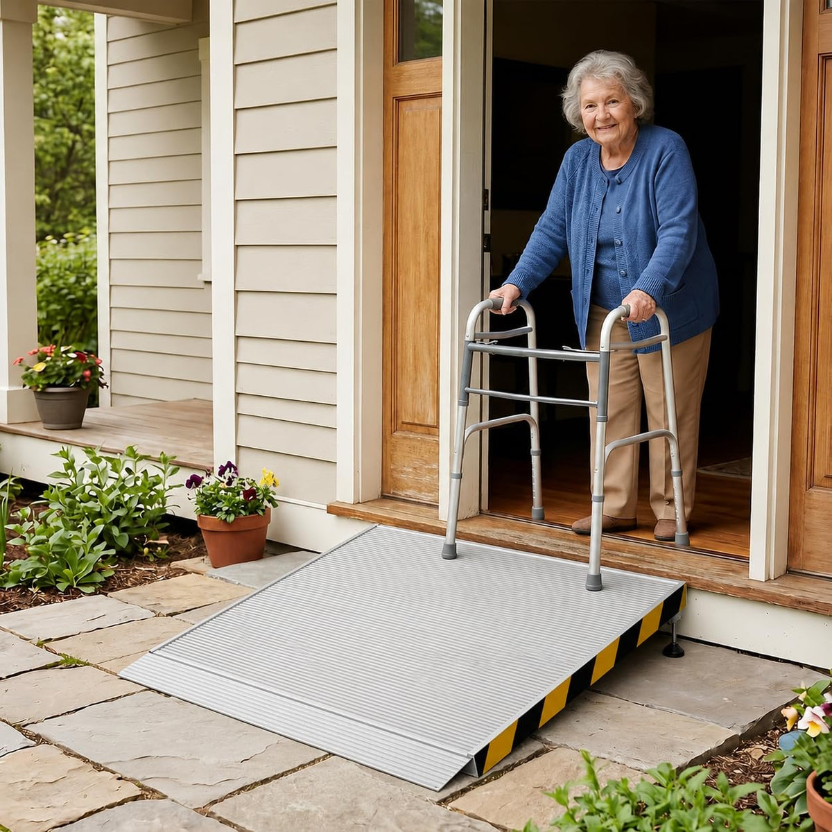Aluminum Threshold Ramp for Doorways, 48" Ã 36" Wheelchair Ramp for Home, Adjustable for 3.3"â9.2" Step & Threshold Heights, 1000 lb Capacity, Non-Slip Surface, Foldable, for Single Step Entryways