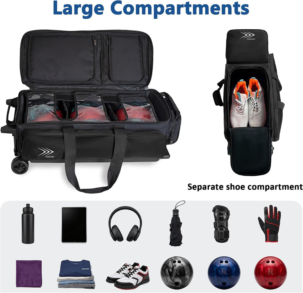 WF 3 Ball Roller Bowling Bag with Wheels & Separate Shoes Pocket