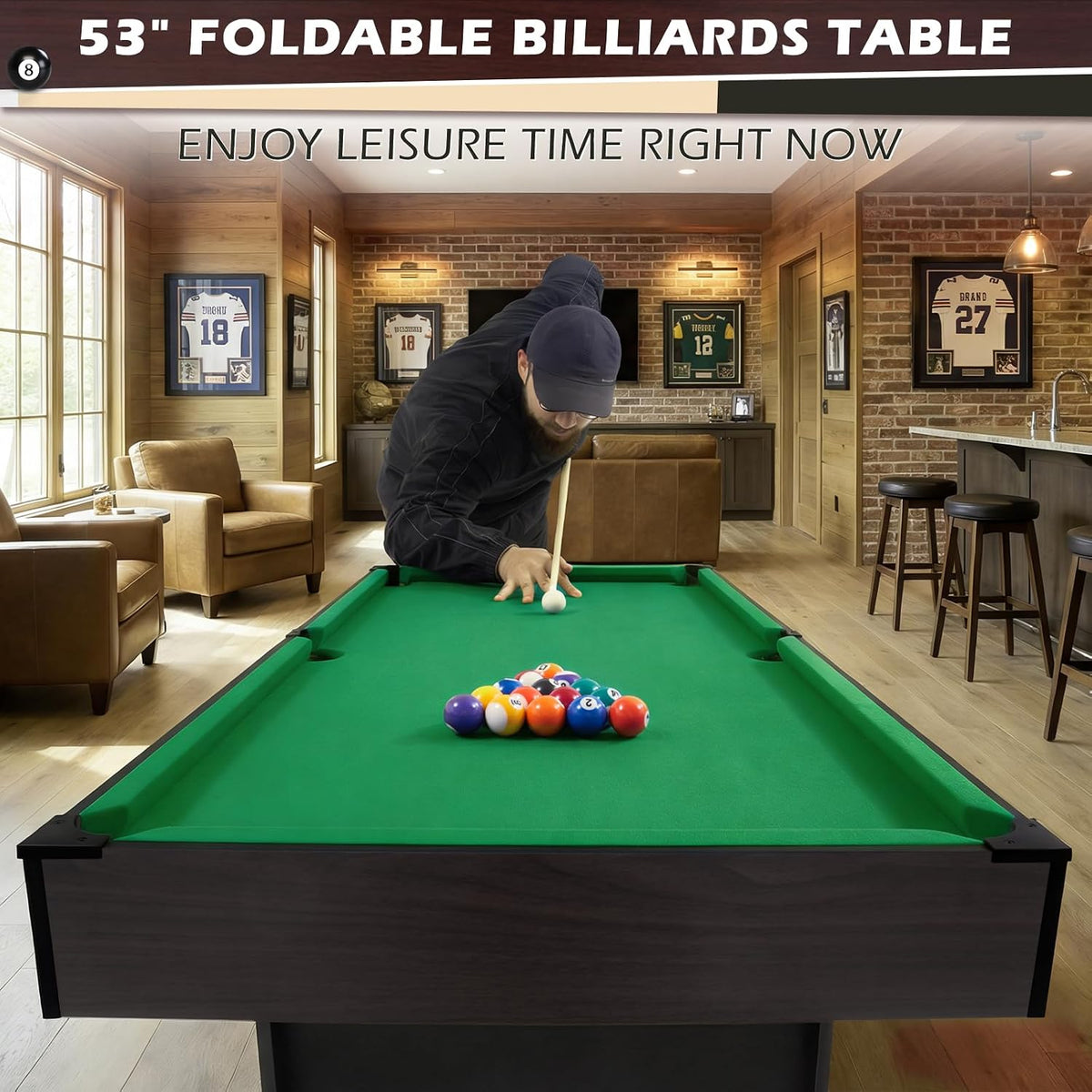 53 Inch Folding Pool Table with Built-in Ball Storage and Cue Clips, Freestanding Billiard Game Table Set for Family Game Room, Includes Cues, Balls, Chalk and Brush