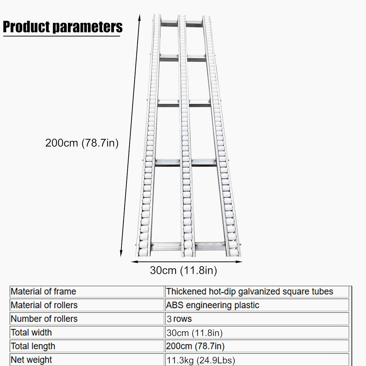 INTSUPERMAI Gravity Roller Conveyor Skate, 30 * 200cm Non-Powered Portable Loading Ramp with 3-Row ABS Plastic Wheels, Heavy-Duty Galvanized Steel Frame Warehouse Unloading Aid