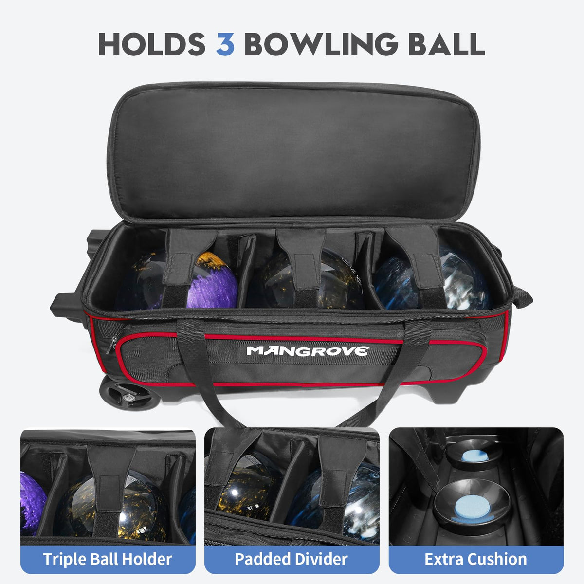 Mangrove 3 Ball Bowling Bag with Wheels/Shoe Compartment/Reinforced Base