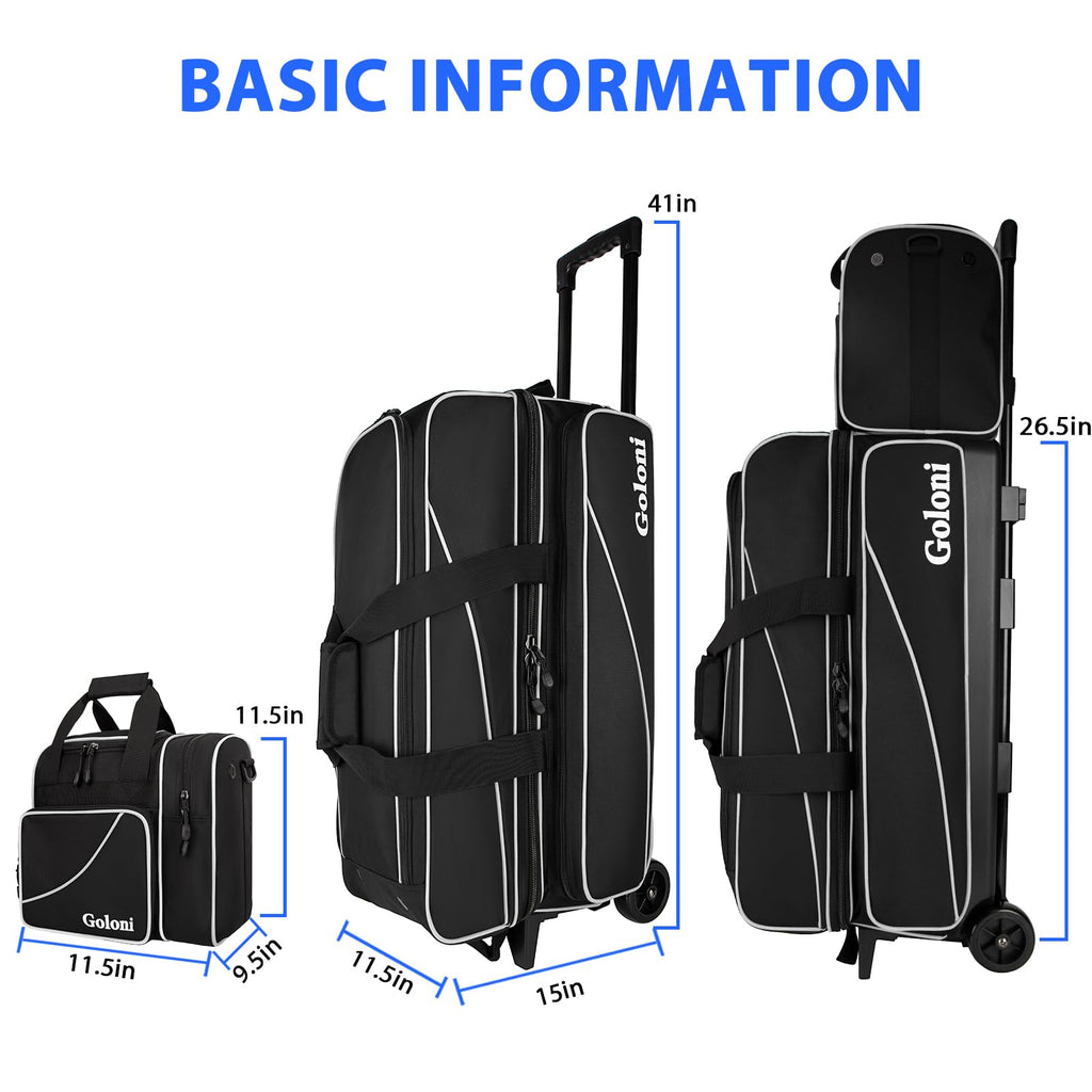 Goloni 3 Ball Bowling Bag with Wheels, Rolling Bowling Roller Bag with Retractable Handle for Balls & Bowling Accessories