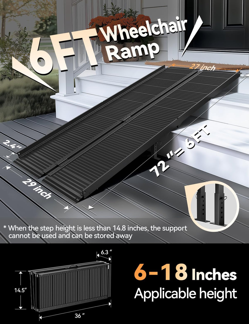 FACHNUO Black Aluminum 3FT Wheelchair Ramp, All-Weather Use, Easy to Clean