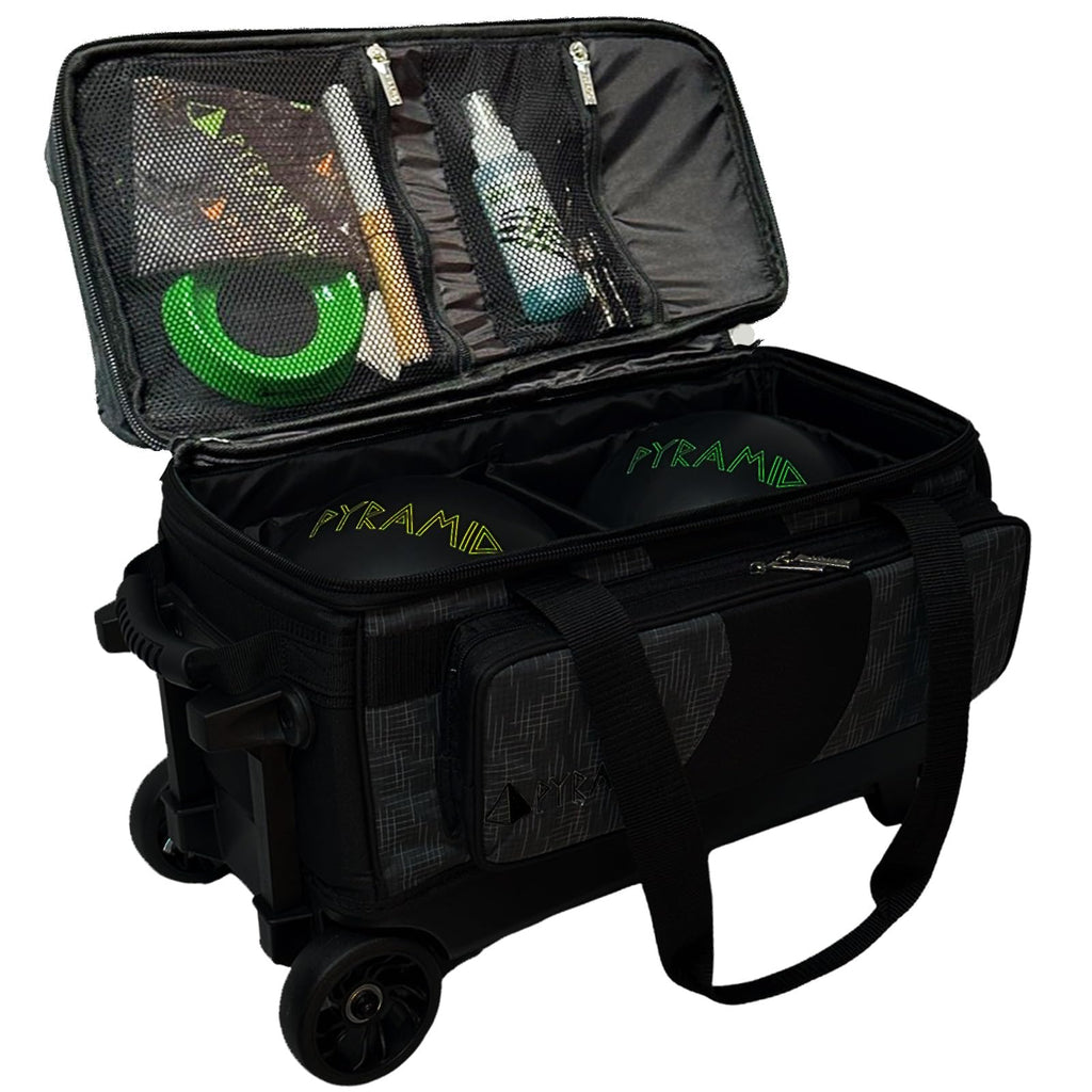 Pyramid Deluxe Double Roller 2 Ball Bowling Bag with Large Separate Shoe Compartment (Up To 2 Pairs Of Shoes) and Accessory Pockets, Sturdy Square Handle - Extends to 40" - Pro Options Available