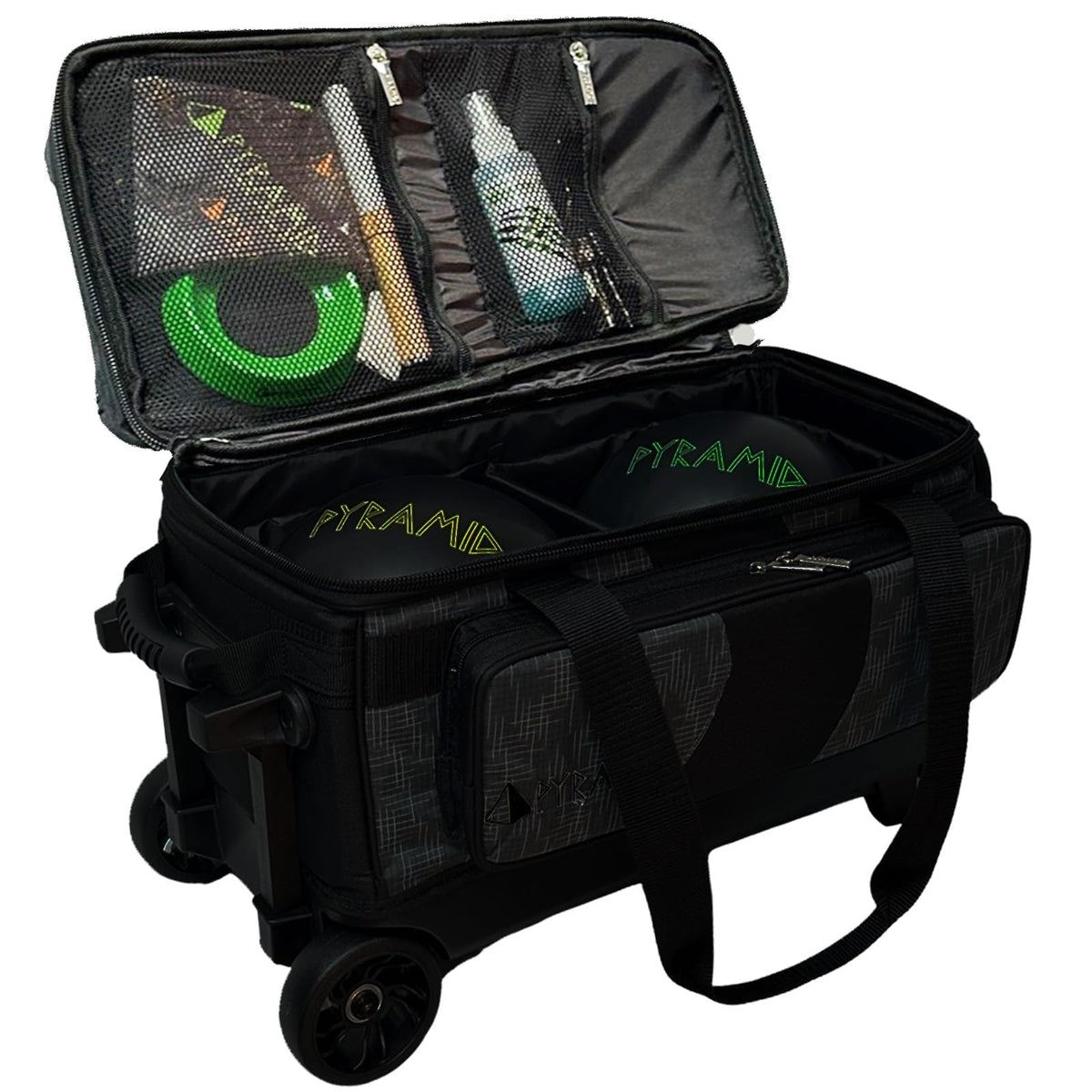 Pyramid Deluxe Double Roller 2 Ball Bowling Bag with Large Separate Shoe Compartment (Up To 2 Pairs Of Shoes) and Accessory Pockets, Sturdy Square Handle - Extends to 40" - Pro Options Available