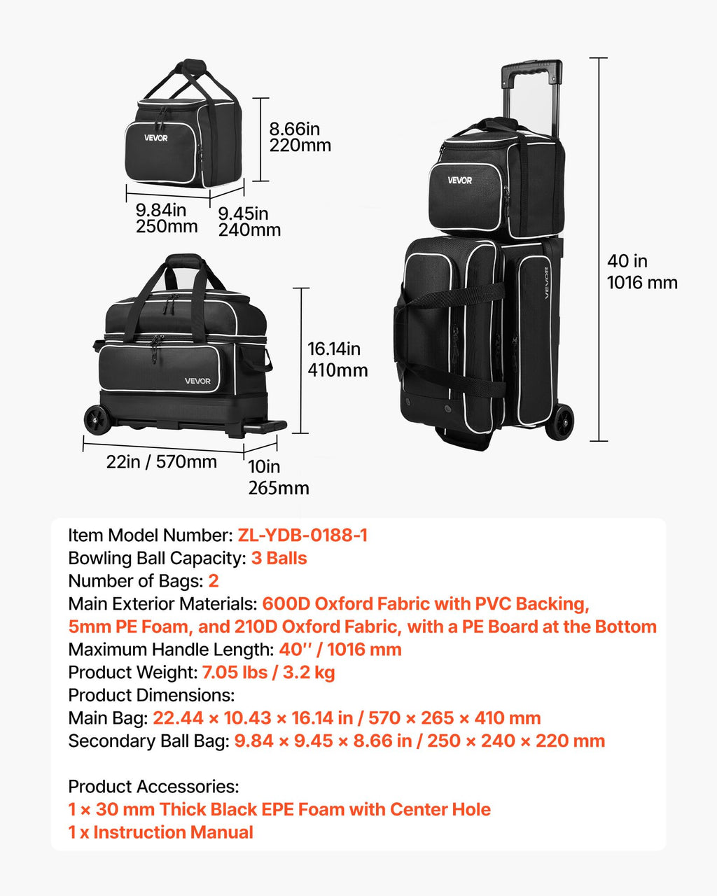 VEVOR 3 Ball Bowling Bag Double Roller Bag with Separate Shoe Compartment