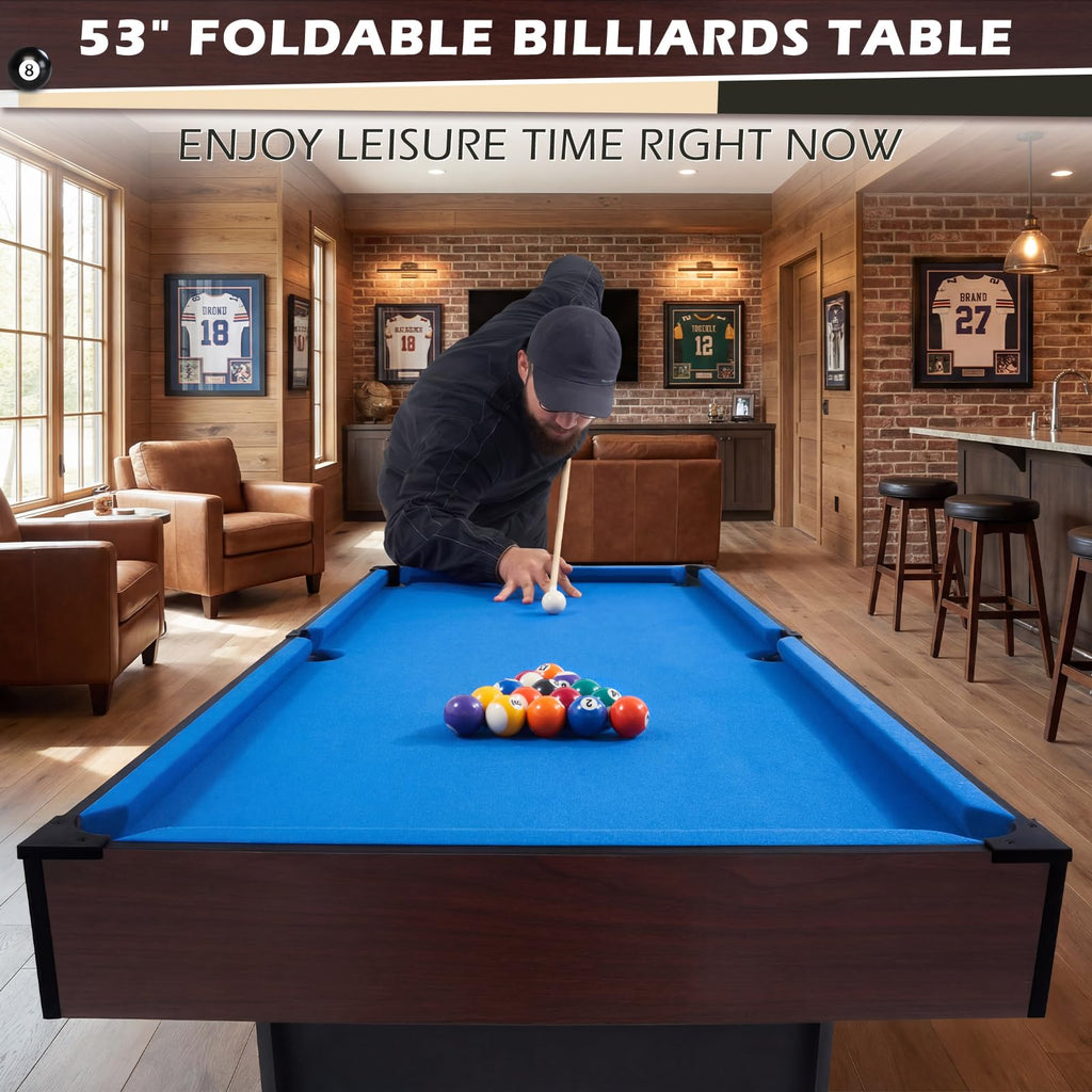 53 Inch Folding Pool Table with Built-in Ball Storage and Cue Clips, Freestanding Billiard Game Table Set for Family Game Room, Includes Cues, Balls, Chalk and Brush