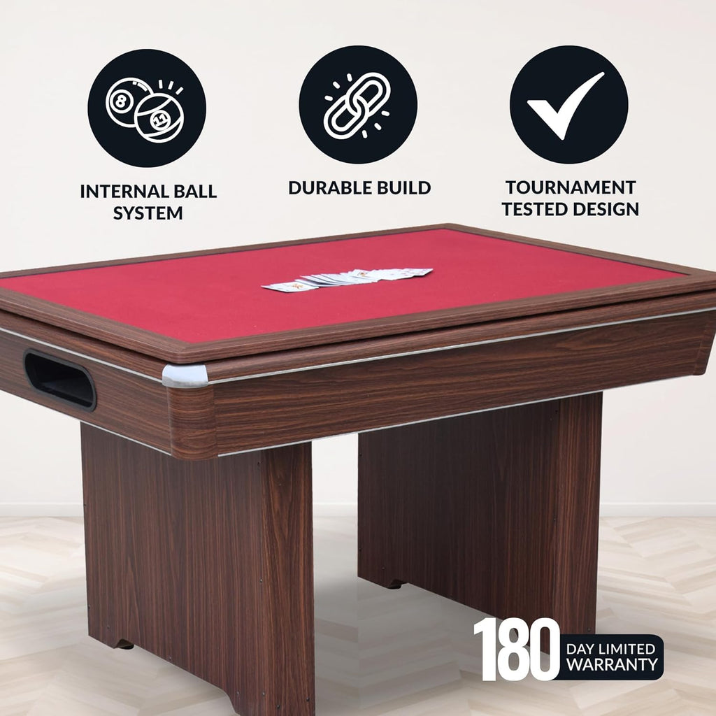 Hathaway Renegade II 54-in Bumper Pool Table for Game Room â 3 in 1 Game Table with Reversible Top & Ball Return System â Includes Cues, Balls, Chalk, Brush & Cards â Red Felt with Walnut Finish
