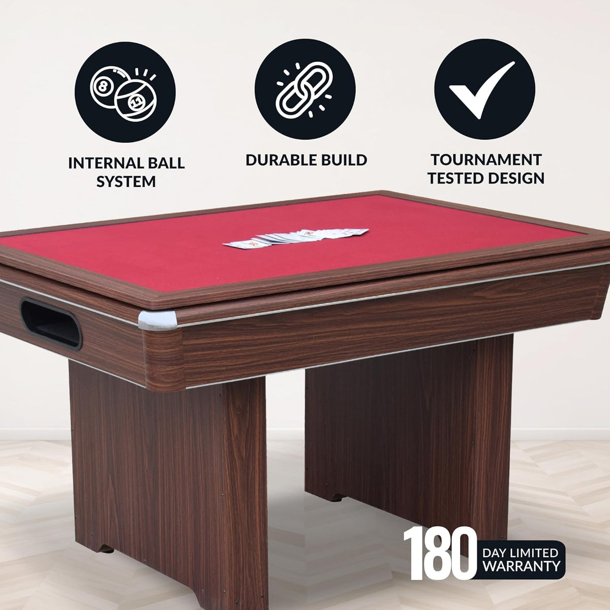 Hathaway Renegade II 54-in Bumper Pool Table for Game Room â 3 in 1 Game Table with Reversible Top & Ball Return System â Includes Cues, Balls, Chalk, Brush & Cards â Red Felt with Walnut Finish