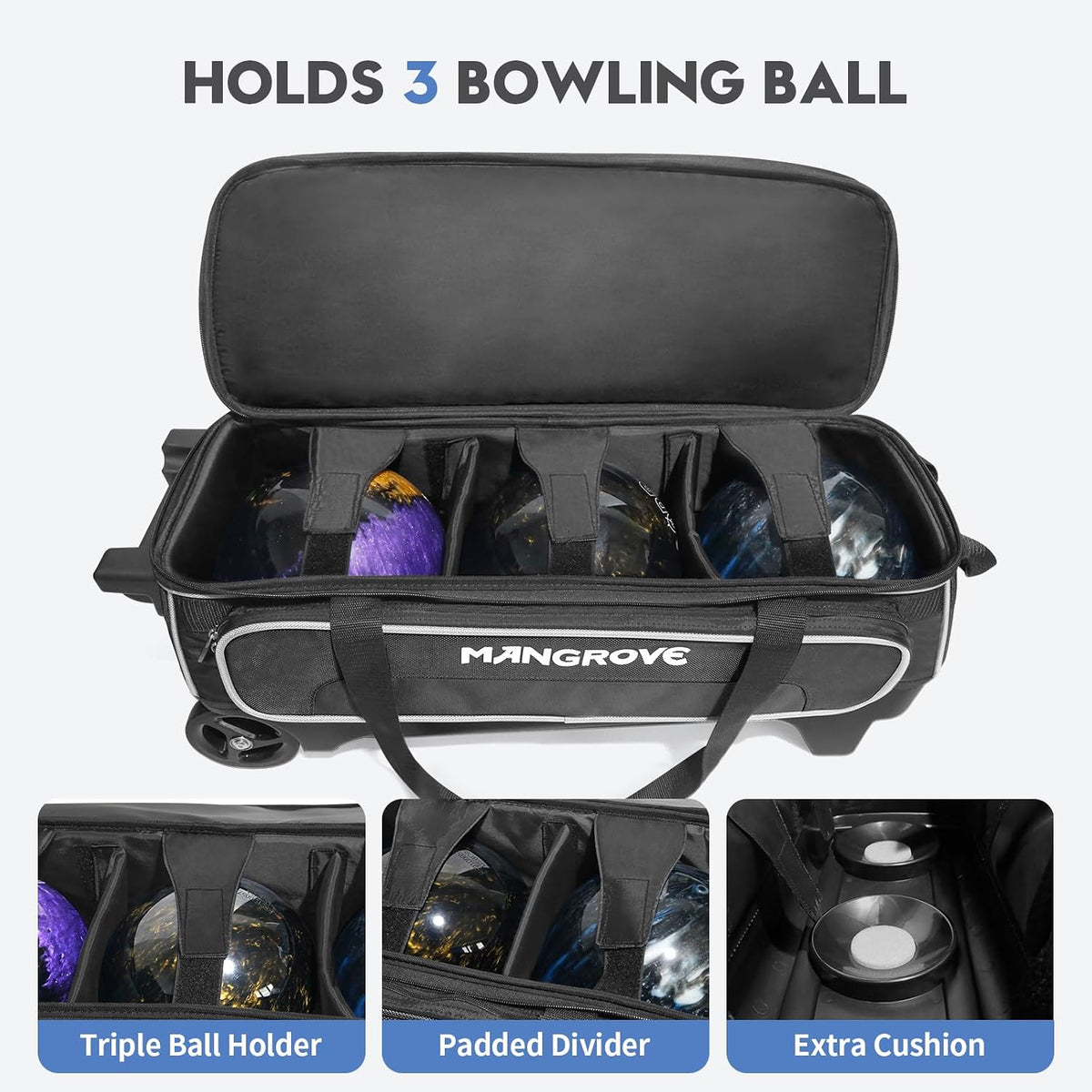 Mangrove 3 Ball Bowling Bag with Wheels/Shoe Compartment/Reinforced Base