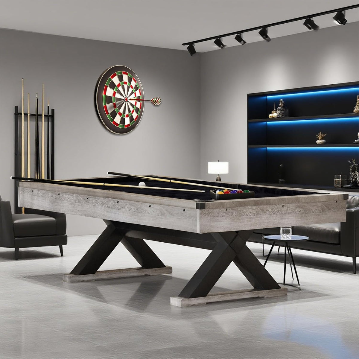 84" Pool Table with Rustic Grey Finish, X-Shaped Legs, Black Cloth, Billiard Balls, Cues, & AccessoriesâBilliard Table for Adults, Game Room & Home Entertainment (Grey)