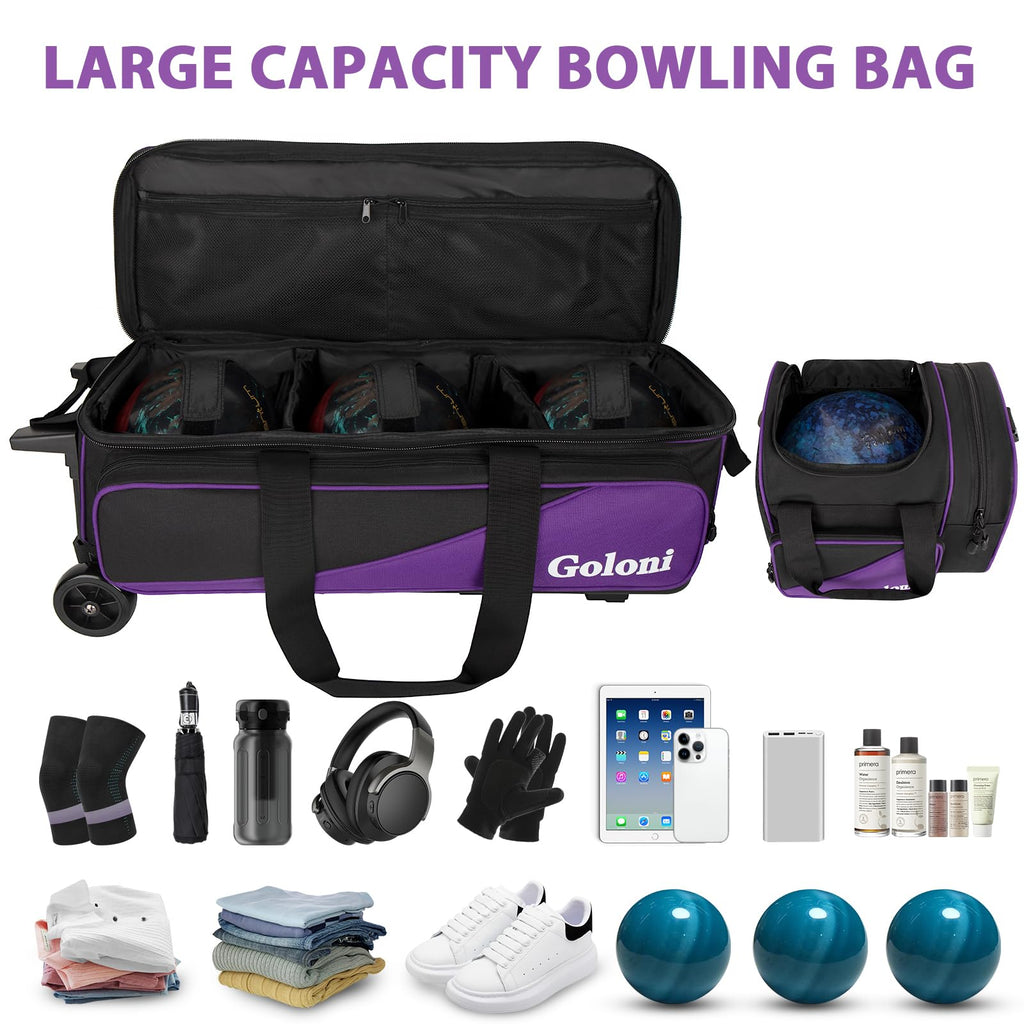 Goloni 3 Ball Bowling Bag with Wheels, Rolling Bowling Roller Bag with Retractable Handle for Balls & Bowling Accessories