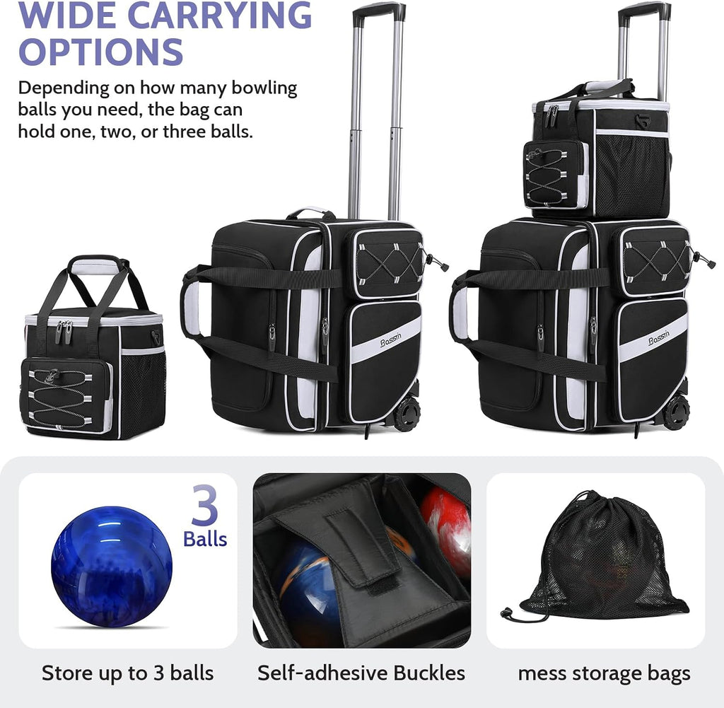 BOSSTIN 3 Ball Bowling Bag with Wheels, 2 Ball Roller with Add-on Tote