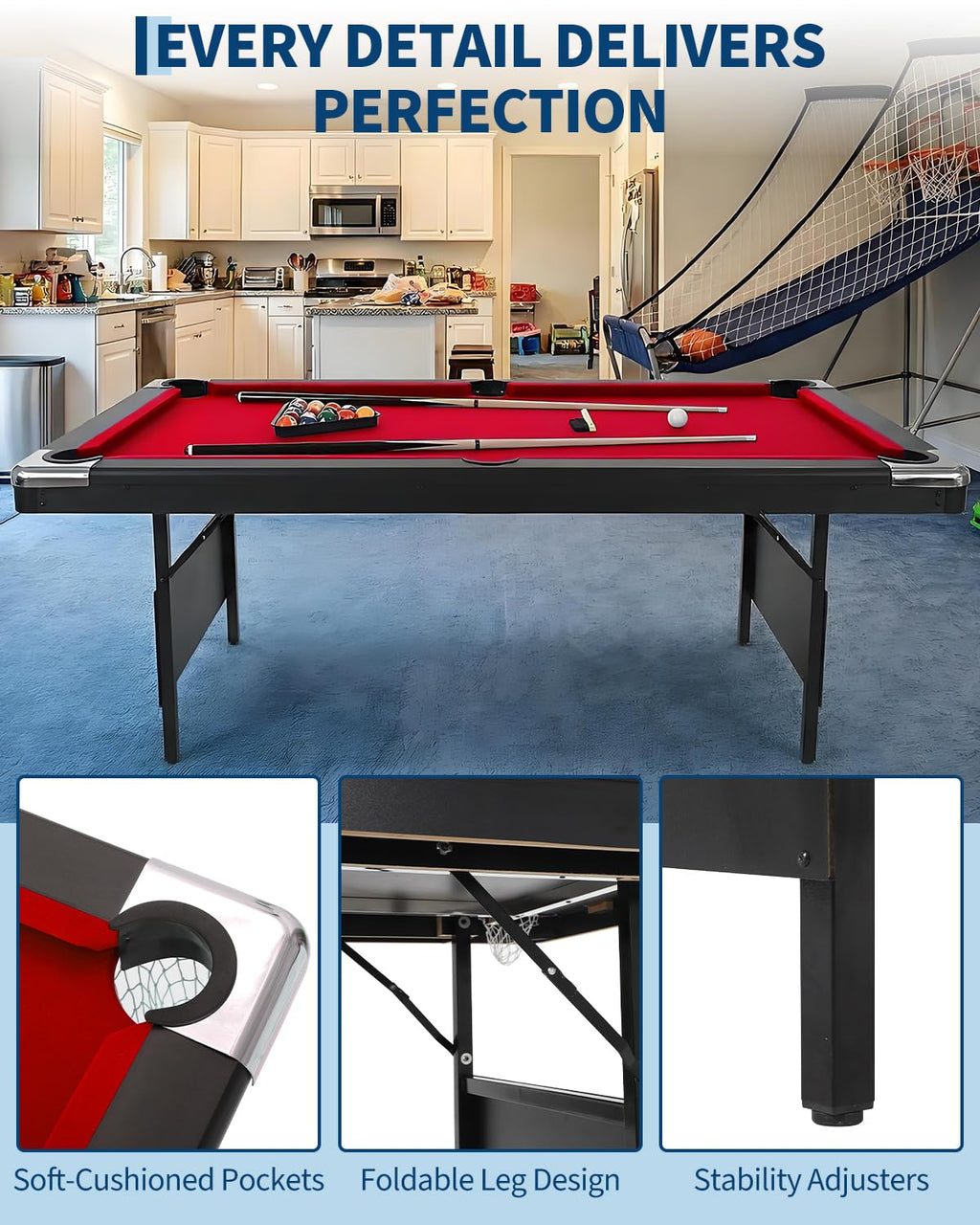 7 Foot Pool Table for Family, Foldable No Assembly Pool Table with Balls, Cues, Chalk, Rack & Brush, Portable Billiards Game Table for Apartment, Basement, Office & Game Room