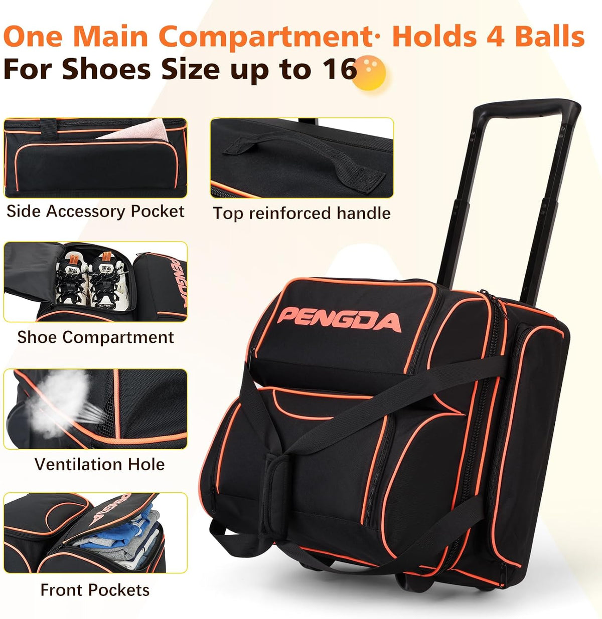 PENGDA 4 Ball Bowling Bag With Wheels, Integrated Single-Chamber 4-Ball System, 900D Reinforced Oxford Bowling Ball Bag, Telescopic Handle Roller Tote Storage Bag for Bowling Accessories and shoes