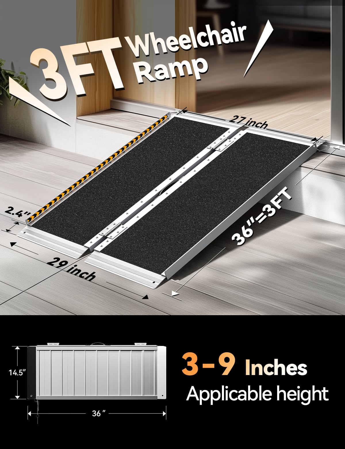 FACHNUO Black Aluminum 3FT Wheelchair Ramp, All-Weather Use, Easy to Clean