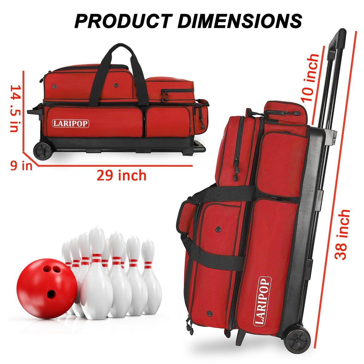 LARIPOP 3 Ball Bowling Bag with Wheels and Shoe Compartment, Rolling Bowling Bag for 3 Balls, Heavy Duty Bowling Roller Bag with Retractable Handle for Men Women