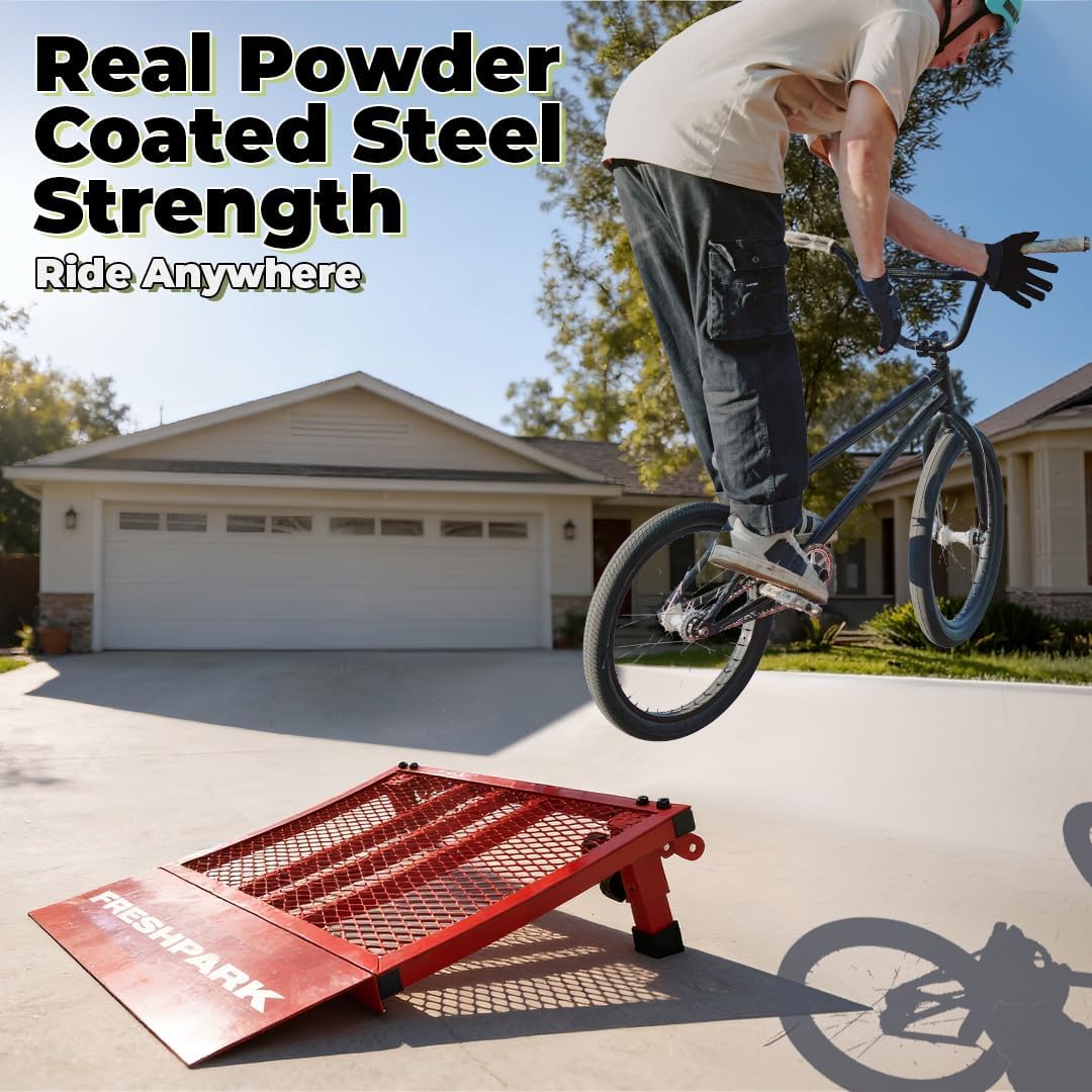 Freshpark Jump Ramp â Portable Bike Launch Ramp for BMX, MTB, RC Cars, StaCyc & Strider â Steel Kicker Ramp â 300 lb Capacity â 27" x 23.5" x 7.5"