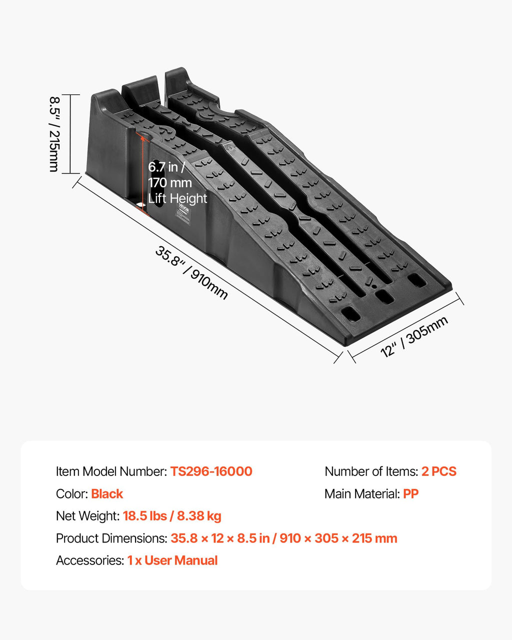VEVOR Car Ramps, 2 PCS 13000 lbs GVW Capacity, 6.3 in Lift Height, Portable High Profile Car Service Ramps for Home Garage Maintenance and Oil Changes, Heavy Duty for Truck SUV Vehicle Repair, Black