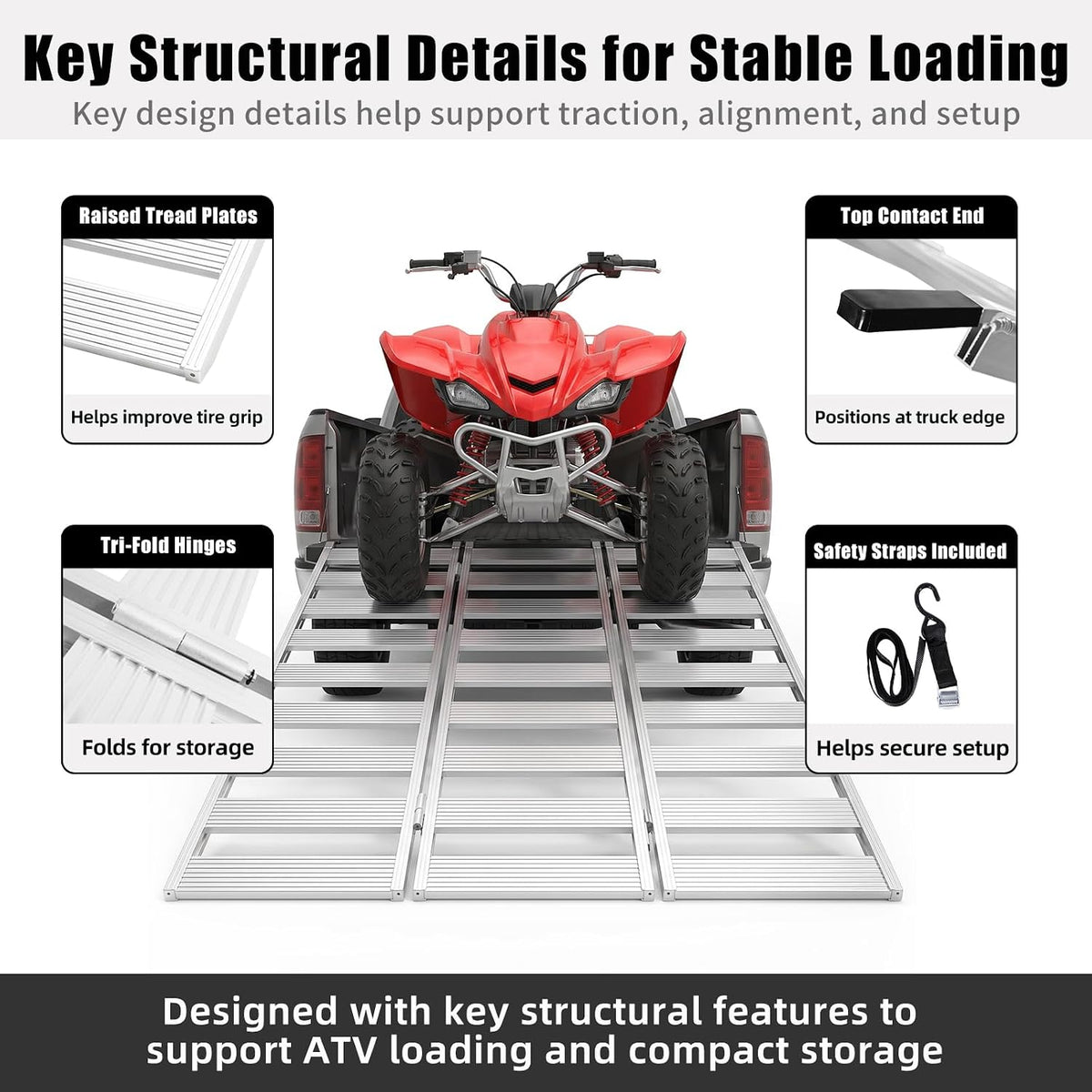 Aluminum Tri-Fold ATV Loading Ramp, 76" x 50" Wide Platform, 1500 lb Capacity with Safety Straps for Lawn Mower, Snow Blower, Motorcycle, Pickup Truck