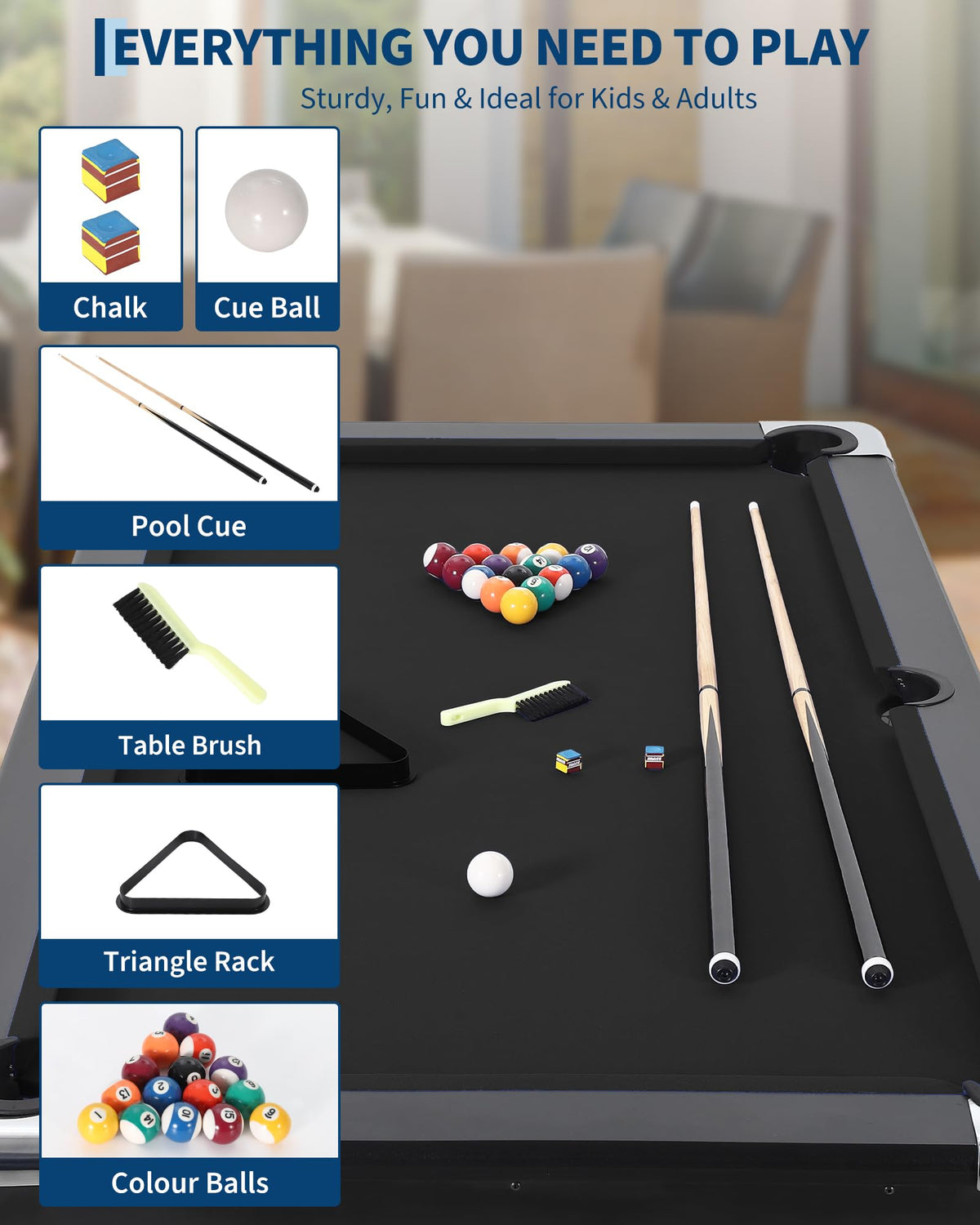7 Foot Pool Table for Family, Foldable No Assembly Pool Table with Balls, Cues, Chalk, Rack & Brush, Portable Billiards Game Table for Apartment, Basement, Office & Game Room