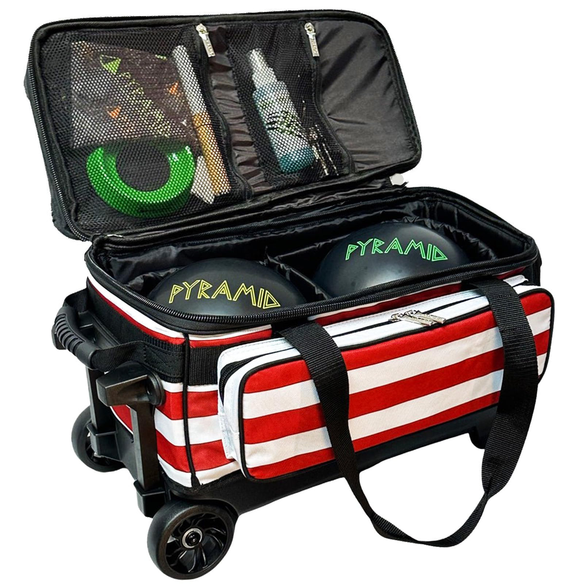 Pyramid Deluxe Double Roller 2 Ball Bowling Bag with Large Separate Shoe Compartment (Up To 2 Pairs Of Shoes) and Accessory Pockets, Sturdy Square Handle - Extends to 40" - Pro Options Available