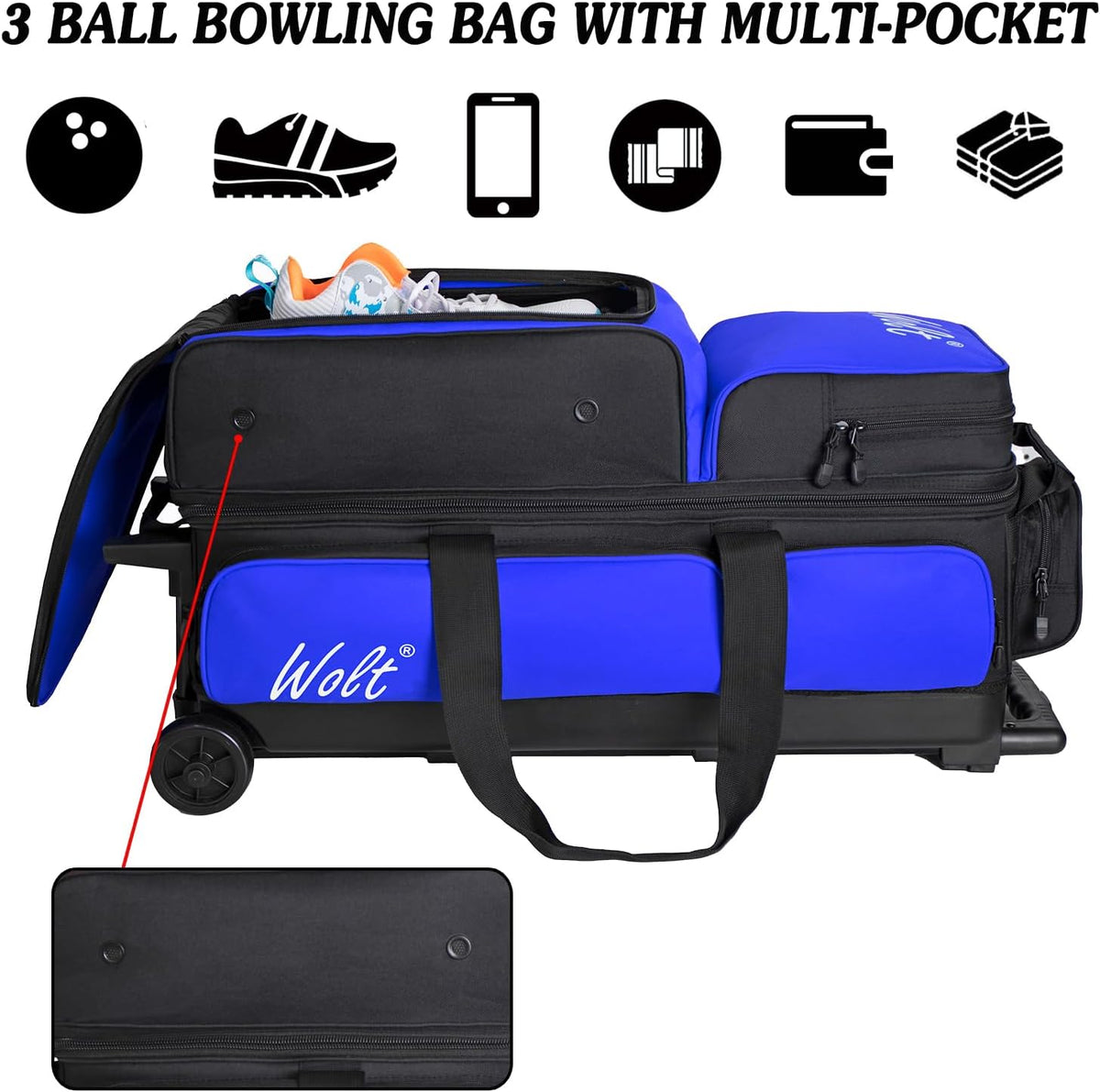 WOLT 3 Ball Bowling Bags with Wheels,Retractable Handle Extends to 38ââ