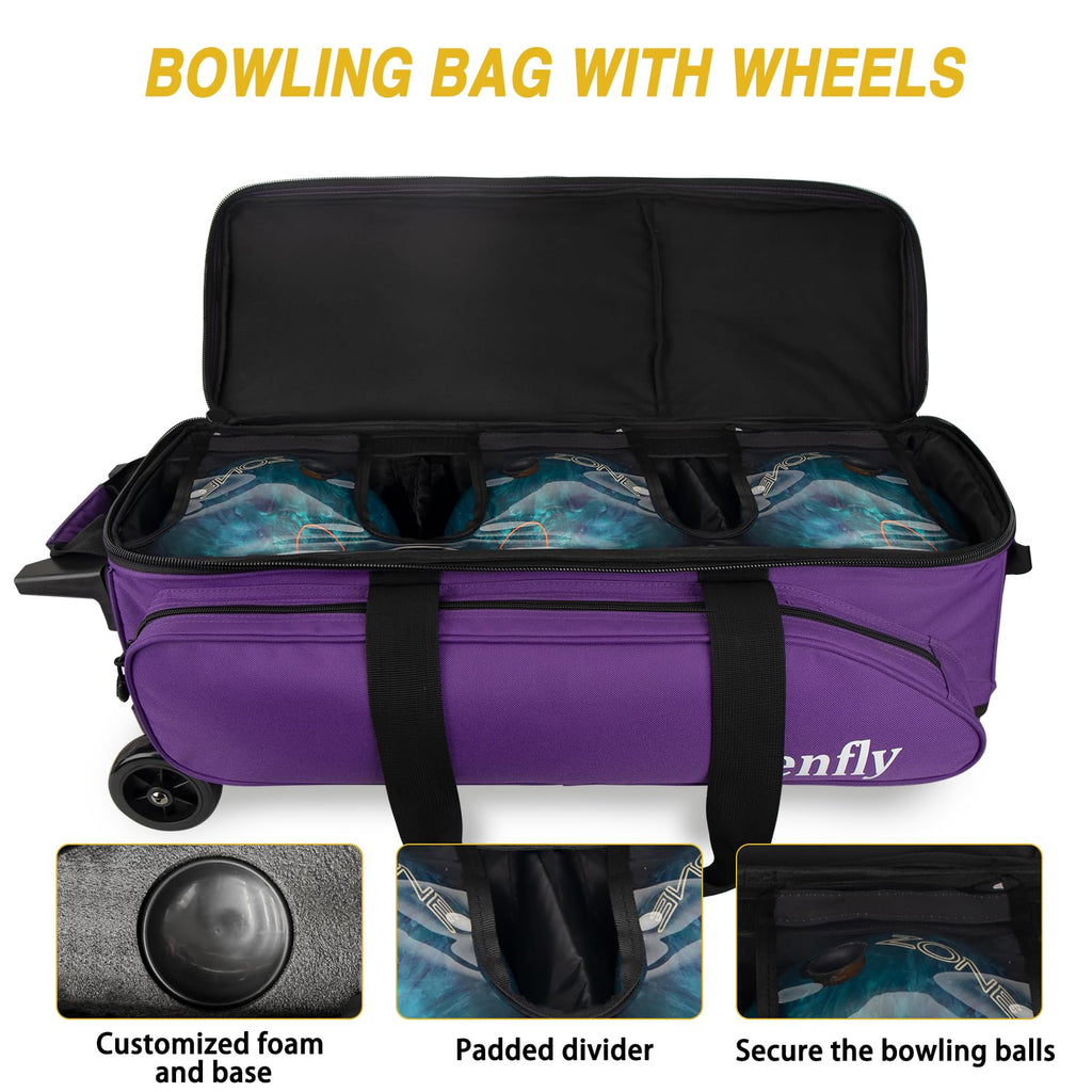 Triple Roller Bowling Bag with Wheels, Heavy Duty 3 Ball Bag for League & Recreational Bowlers