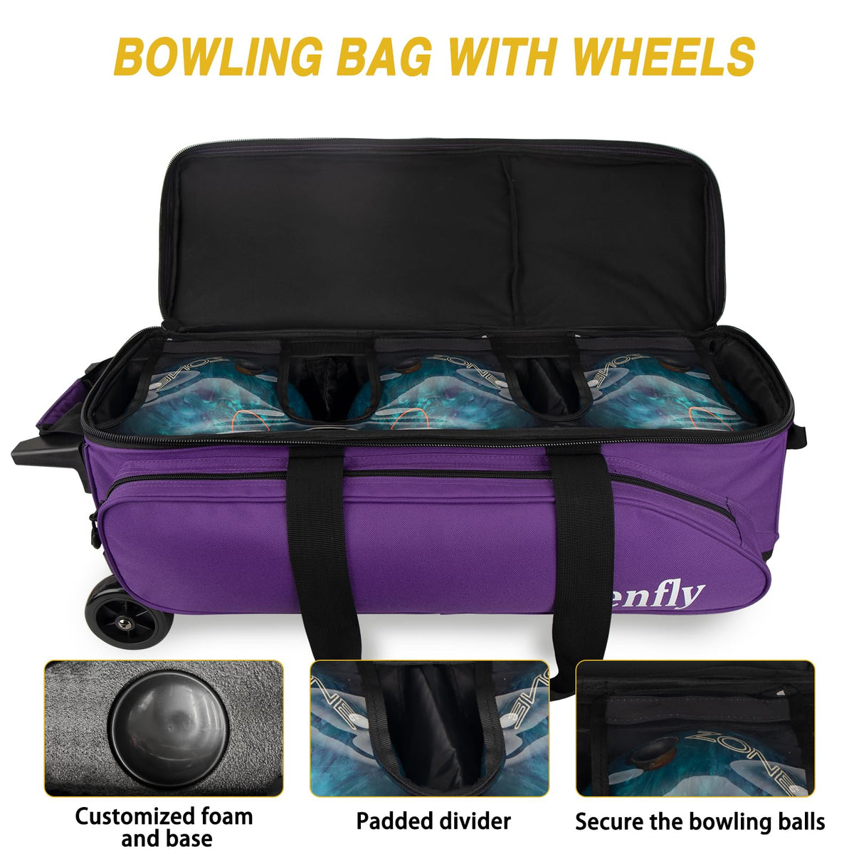 Triple Roller Bowling Bag with Wheels, Heavy Duty 3 Ball Bag for League & Recreational Bowlers