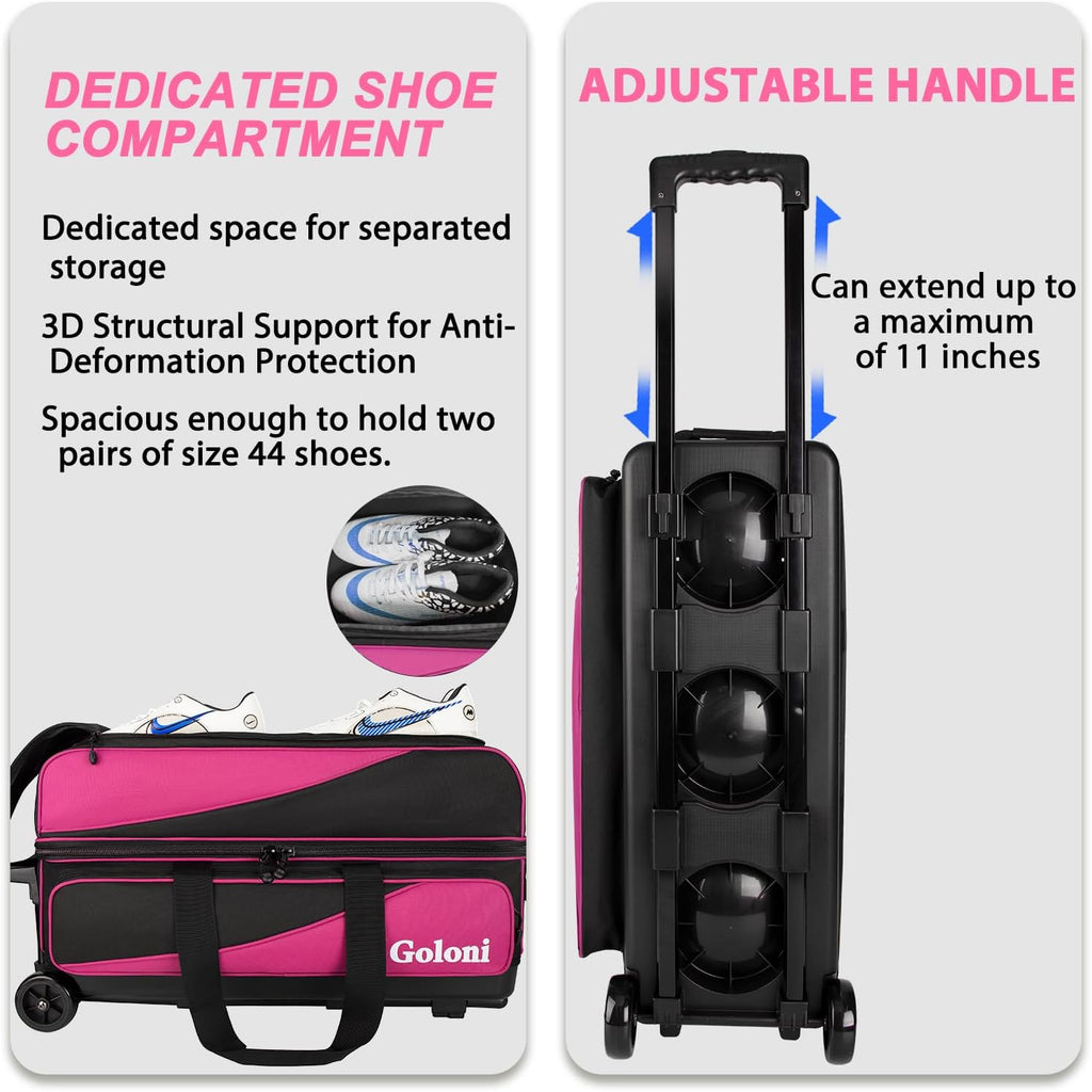 Goloni 3 Ball Bowling Bag with Wheels, Rolling Bowling Roller Bag with Retractable Handle for Balls & Bowling Accessories