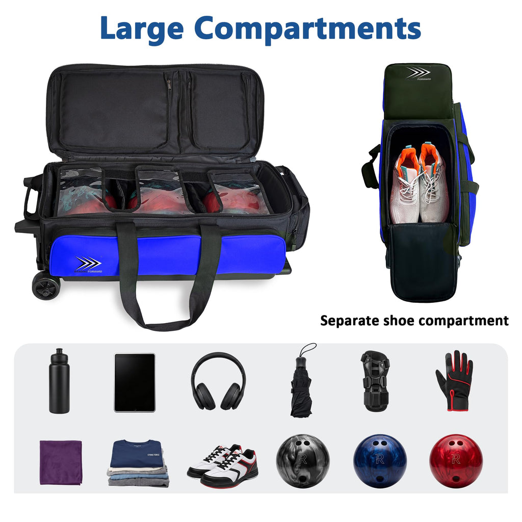 WF 3 Ball Roller Bowling Bag with Wheels & Separate Shoes Pocket