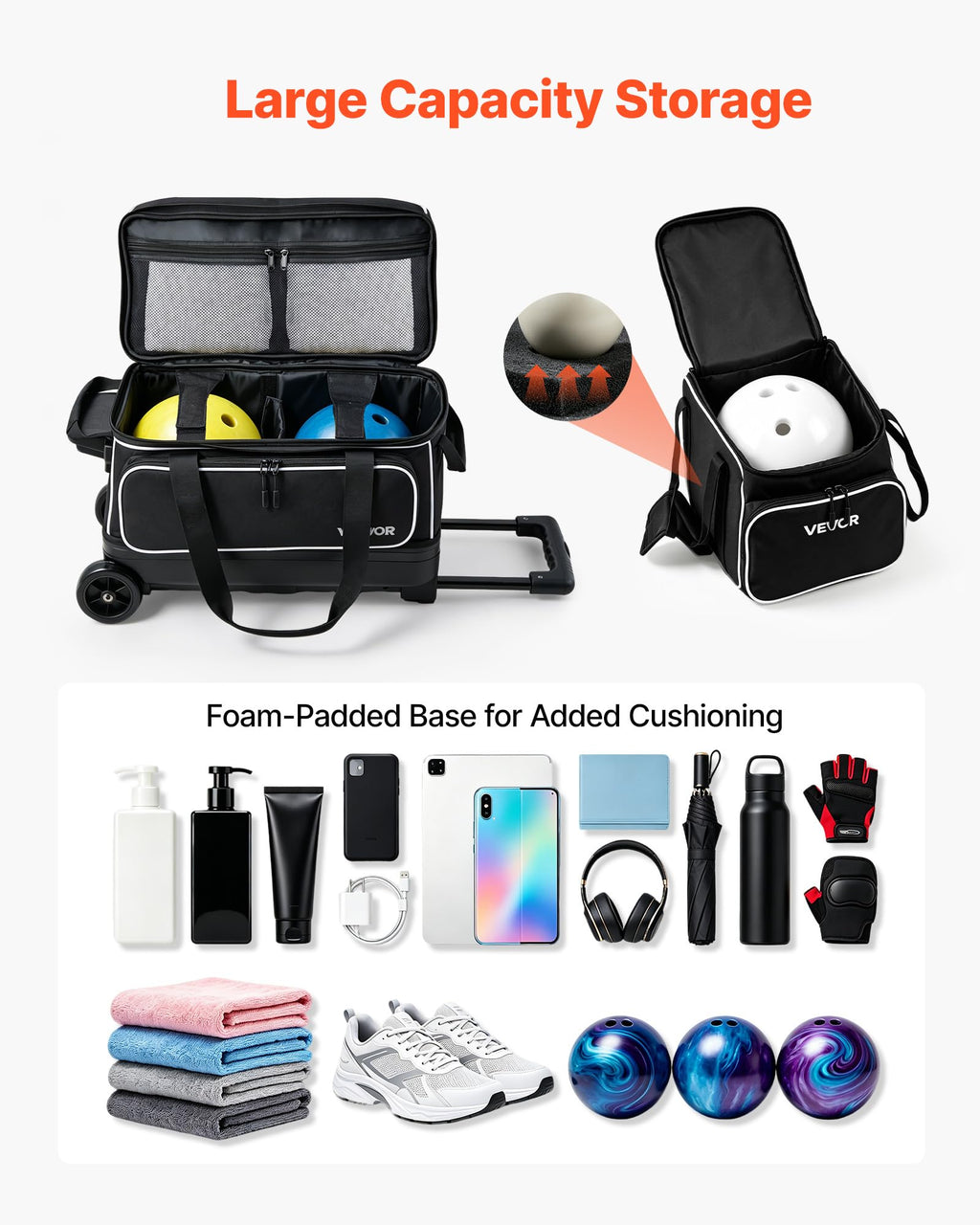 VEVOR 3 Ball Bowling Bag Double Roller Bag with Separate Shoe Compartment