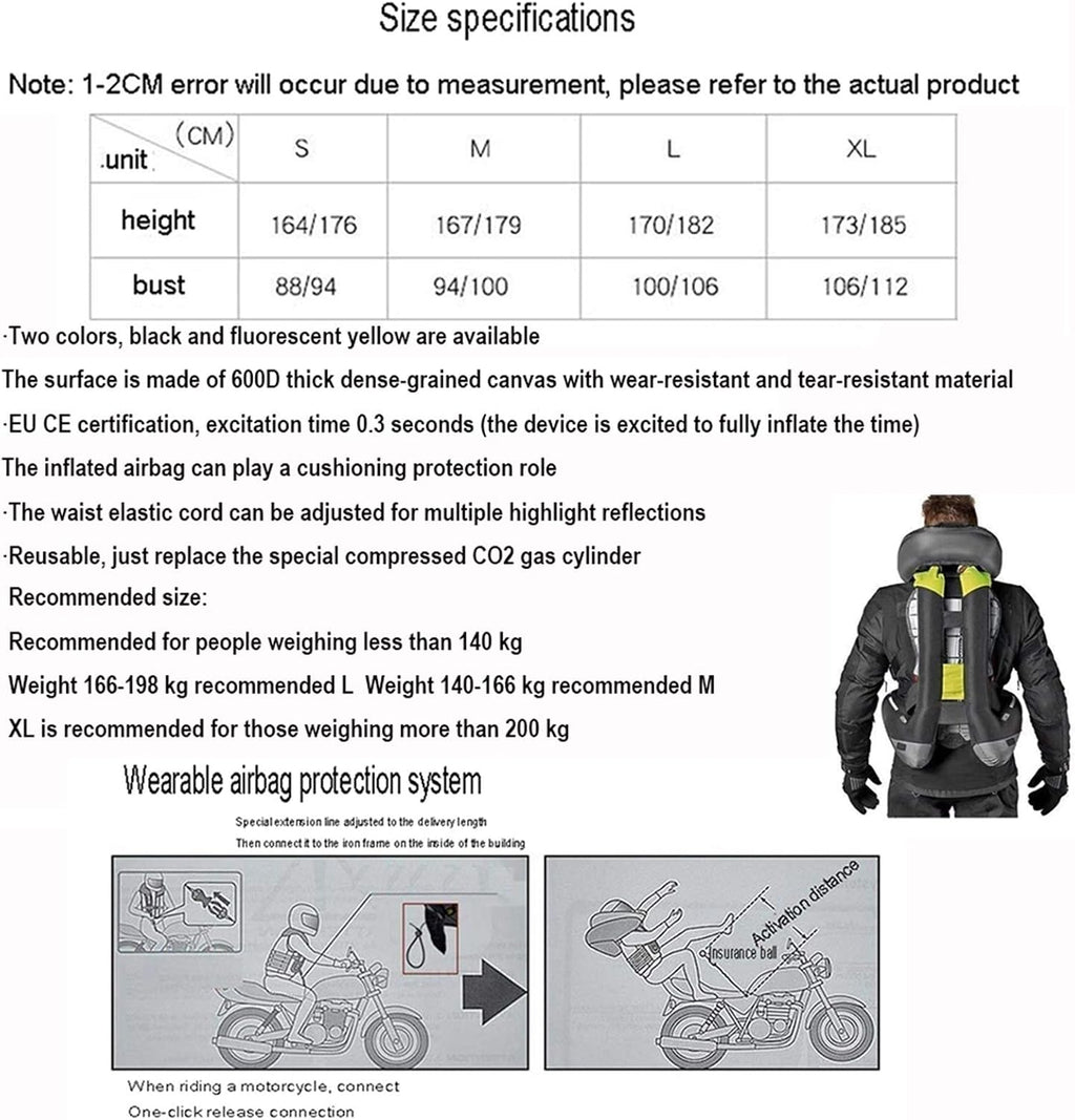 Airbag Vest Motorcycle Cylinder Vest 0.3 Seconds to Trigger The Airbag, with Back Protection Protect Back, Neck, Chest Suitable for Outdoor Riding, Horse Riding Safety Equipment