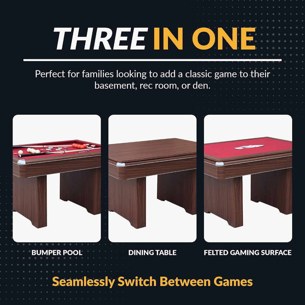 Hathaway Renegade II 54-in Bumper Pool Table for Game Room â 3 in 1 Game Table with Reversible Top & Ball Return System â Includes Cues, Balls, Chalk, Brush & Cards â Red Felt with Walnut Finish