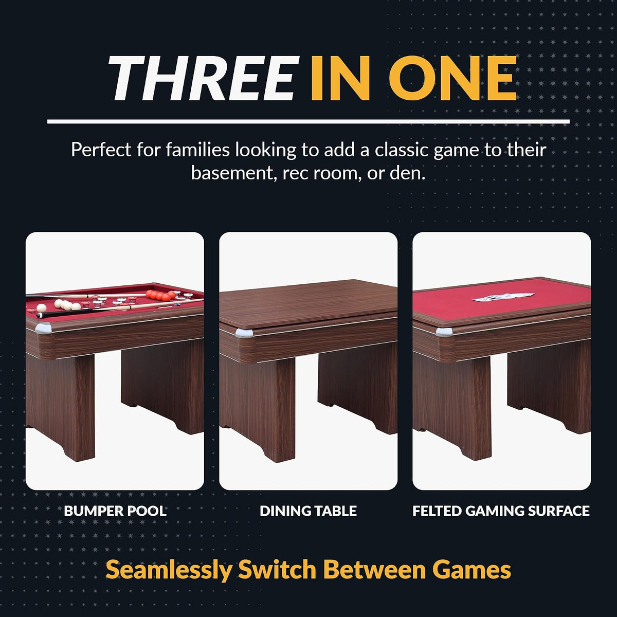 Hathaway Renegade II 54-in Bumper Pool Table for Game Room â 3 in 1 Game Table with Reversible Top & Ball Return System â Includes Cues, Balls, Chalk, Brush & Cards â Red Felt with Walnut Finish