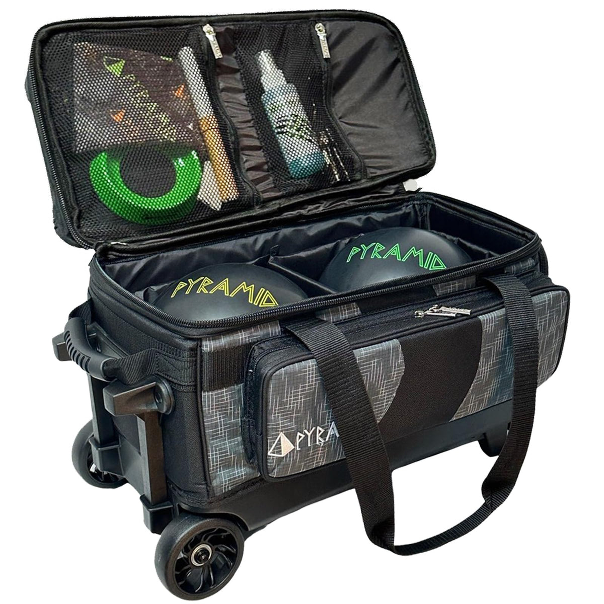 Pyramid Deluxe Double Roller 2 Ball Bowling Bag with Large Separate Shoe Compartment (Up To 2 Pairs Of Shoes) and Accessory Pockets, Sturdy Square Handle - Extends to 40" - Pro Options Available