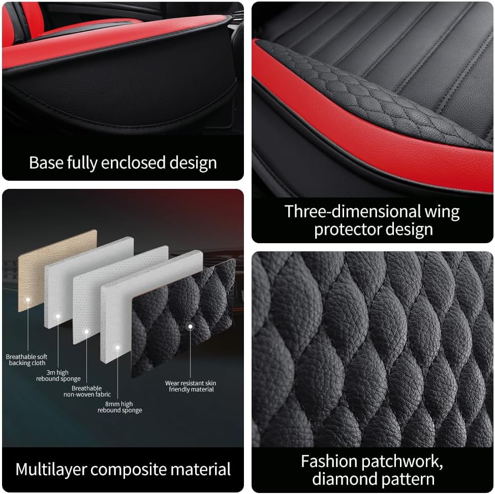 Leather Car Seat Covers for Chevrolet Avalanche 2002-2013,Car Seat Covers Full Set,Seat Covers with Safety,Waterproof Seat Cover Compatible Airbag(5pcs Black&Red Bars Luxury)