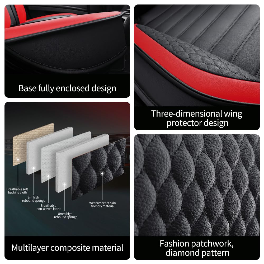 Leather Car Seat Covers for Chevrolet Avalanche 2002-2013,Car Seat Covers Full Set,Seat Covers with Safety,Waterproof Seat Cover Compatible Airbag(5pcs Black&Red Bars Luxury)