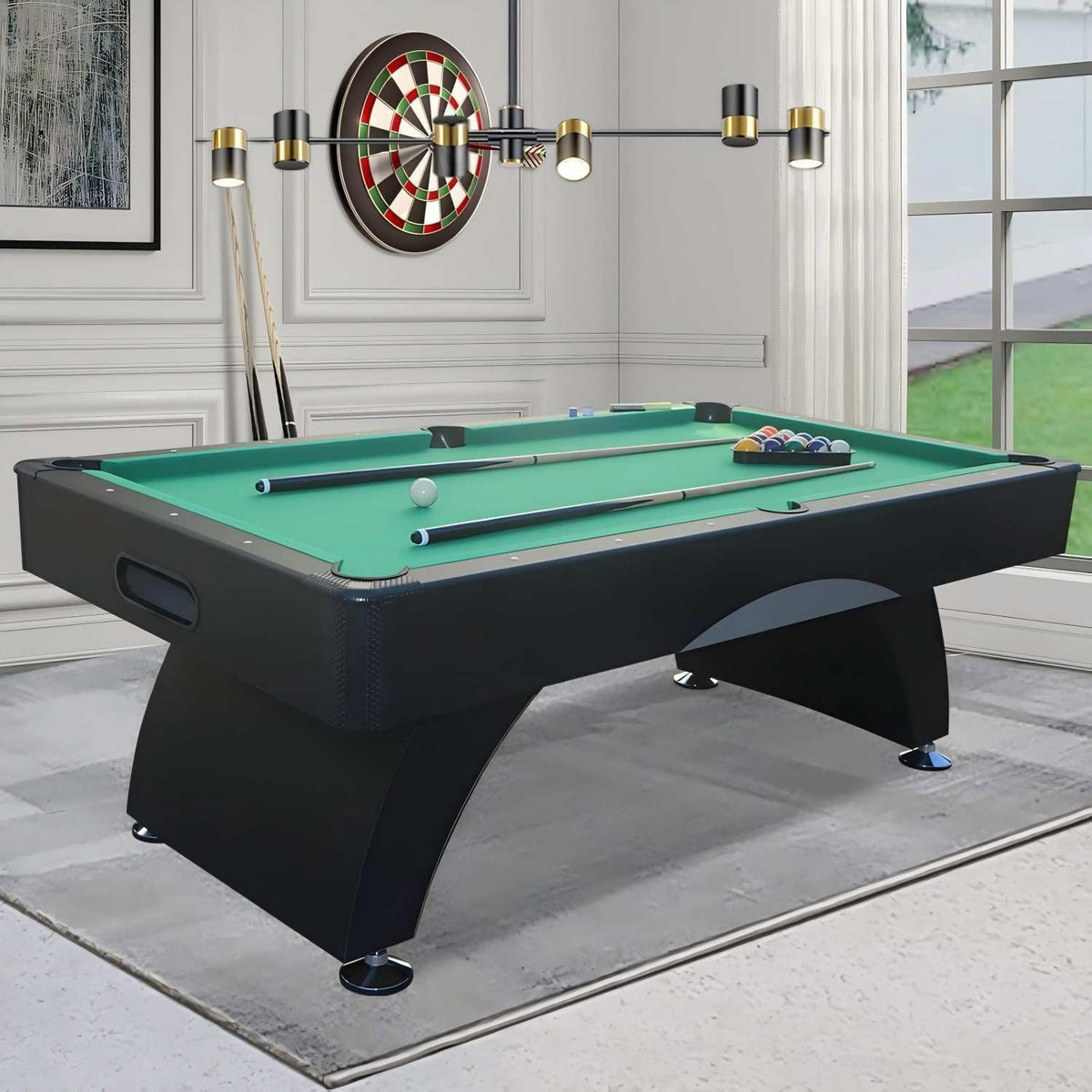 7FT Pool Table with Automatic Ball Return, Modern Arched-Leg Billiards Table with Durable Matte-Black Finish and Complete Accessories for Family Game Room & Recreation Space