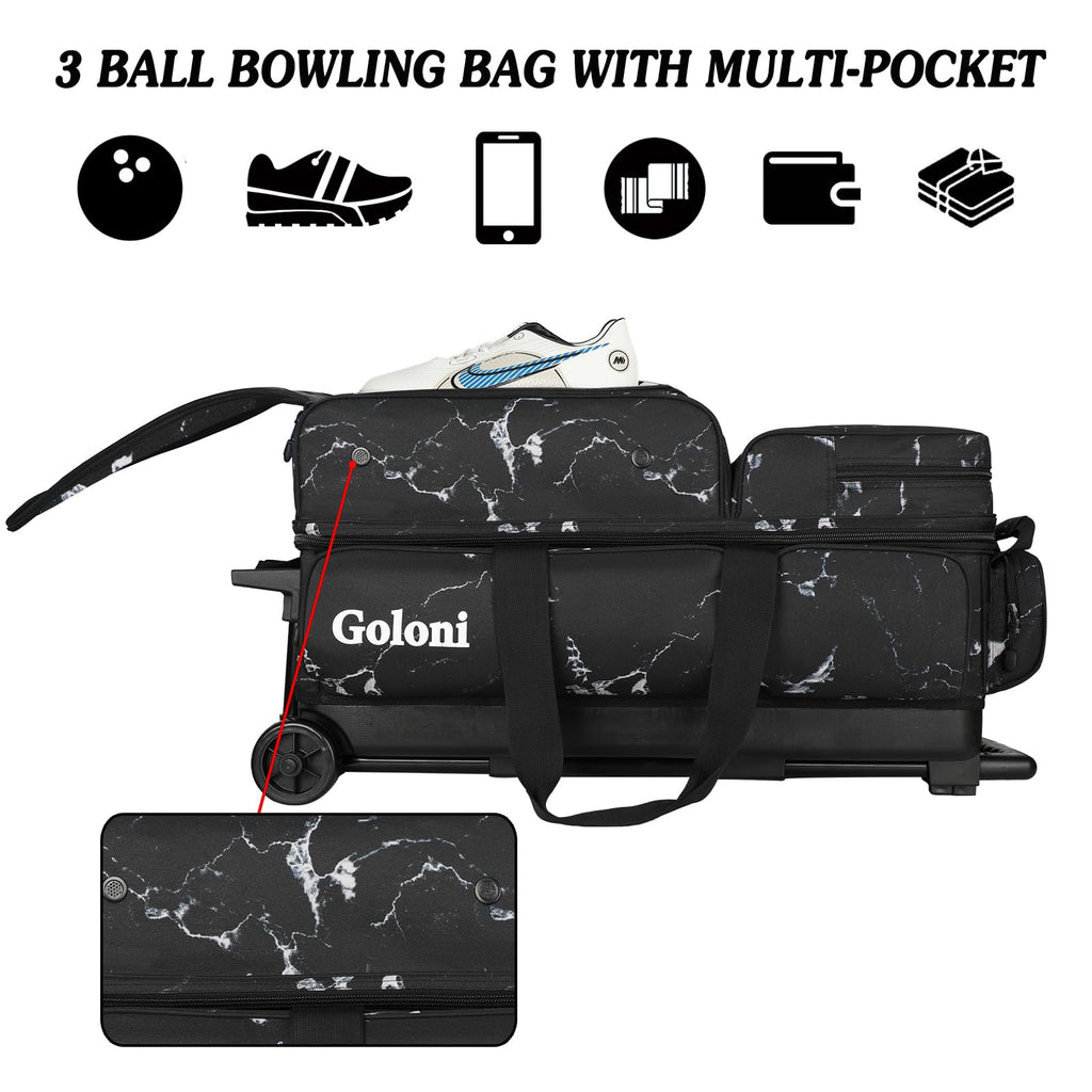 Goloni 3 Ball Bowling Bags with Wheels,Rolling Bowling Ball Bag for 3 Bowling Balls & Bowling Accessories -Retractable Handle Extends to 38"
