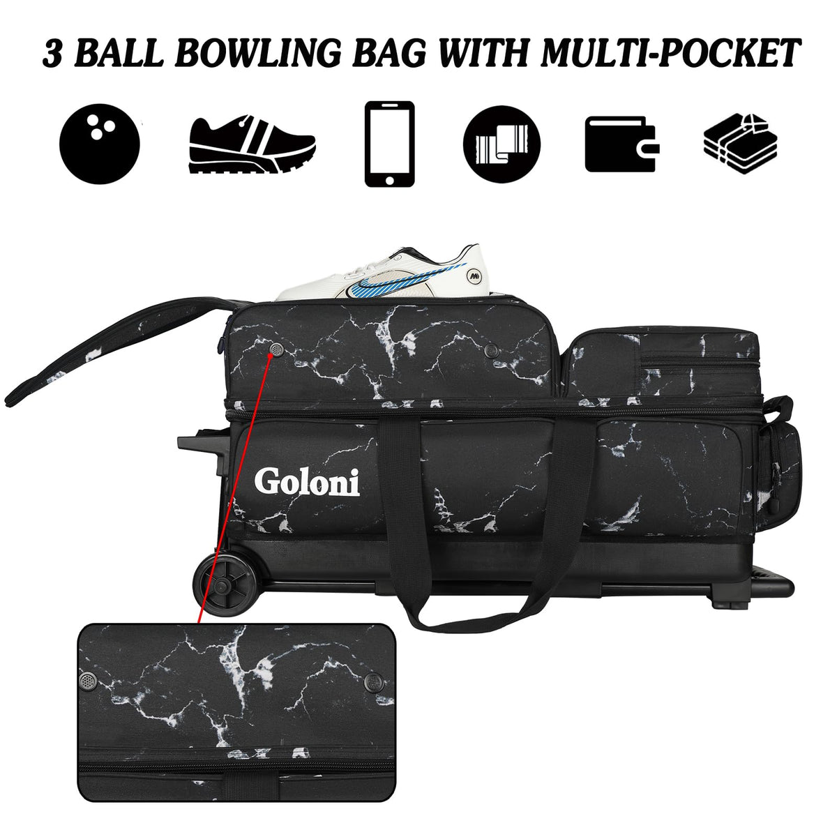 Goloni 3 Ball Bowling Bags with Wheels,Rolling Bowling Ball Bag for 3 Bowling Balls & Bowling Accessories -Retractable Handle Extends to 38"