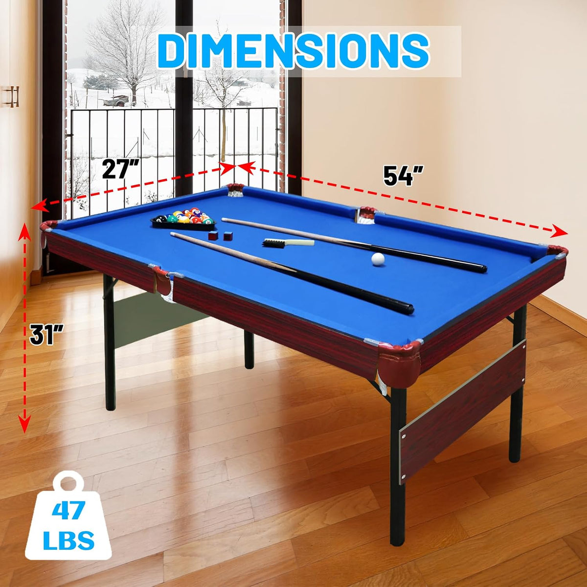 Seydrey 54" Folding Pool Table, Portable Space-Saving Billiard Game Table for Game Room & Office