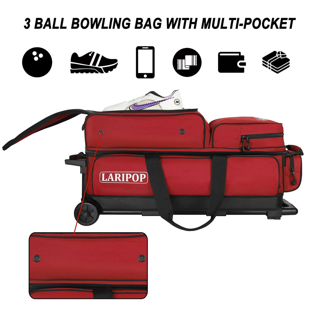 LARIPOP 3 Ball Bowling Bag with Wheels and Shoe Compartment, Rolling Bowling Bag for 3 Balls, Heavy Duty Bowling Roller Bag with Retractable Handle for Men Women